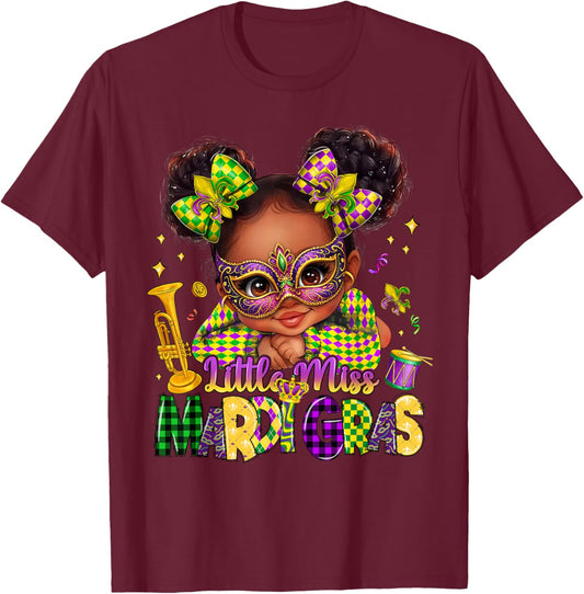 Little Miss Mardi Gras Black Girl New Orleans Fleur De Lis T-Shirt - T-Shirt | Maroon