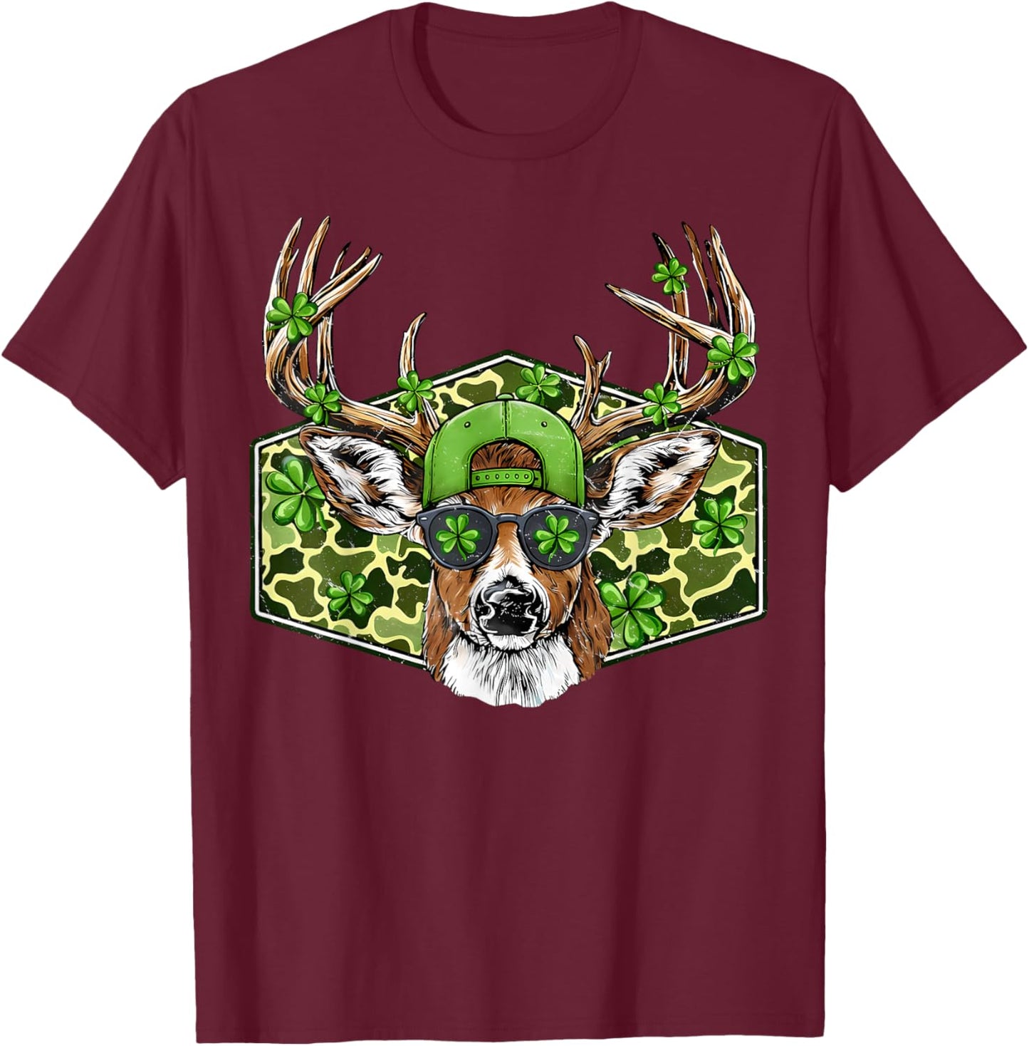 St. Patrick’s Day Buck Camo Deer Retro Hunting Boys Cap Men T-Shirt - T-Shirt | Maroon