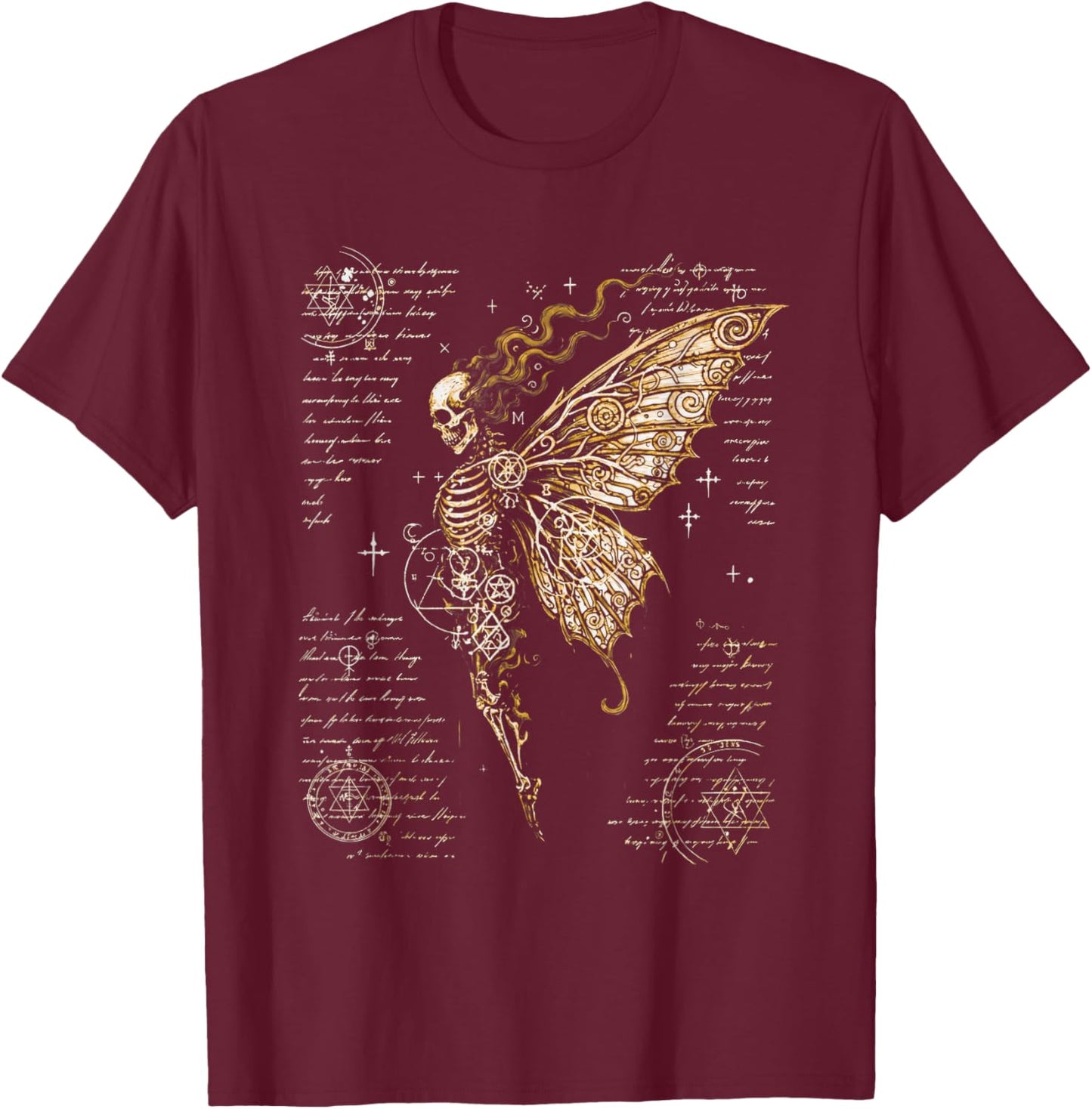 Skeleton Fairy Moth Occult Symbols Dark Gothic Art T-Shirt - T-Shirt | Maroon