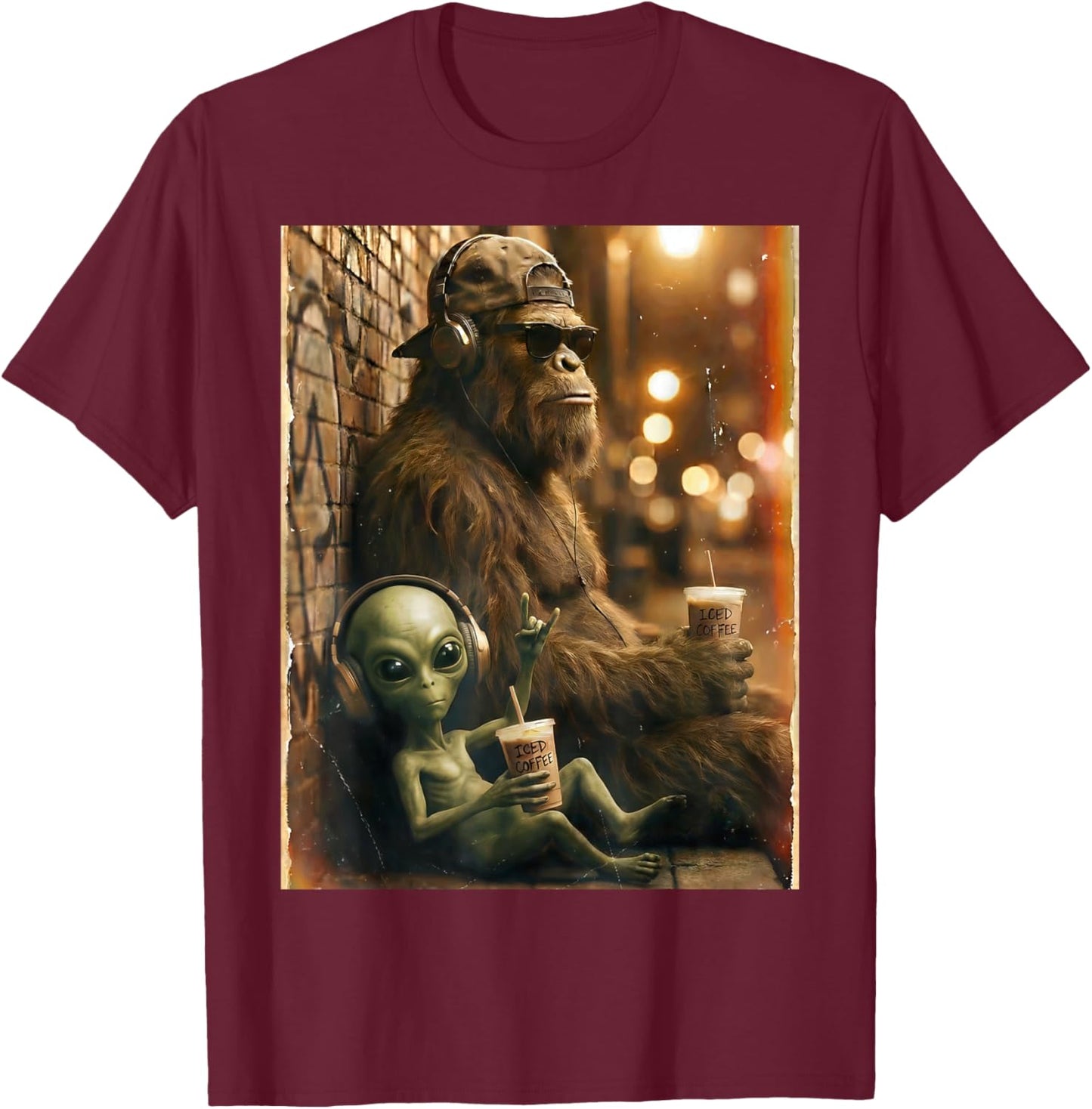 Vintage Bigfoot with Alien Drinking Iced Coffee, Women Men T-Shirt - T-Shirt | Maroon