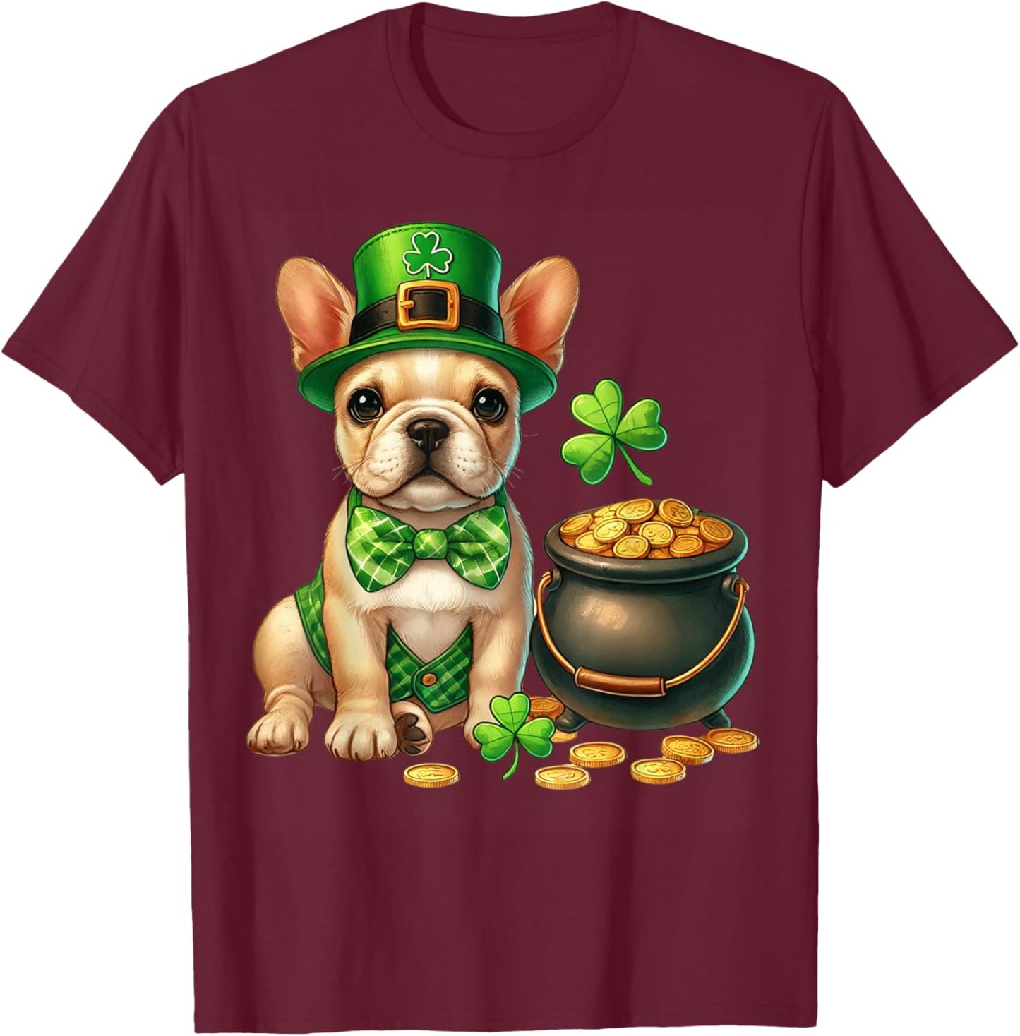 French Bulldog Leprechaun St Patricks Day Shamrock Kids Dog T-Shirt - T-Shirt | Maroon