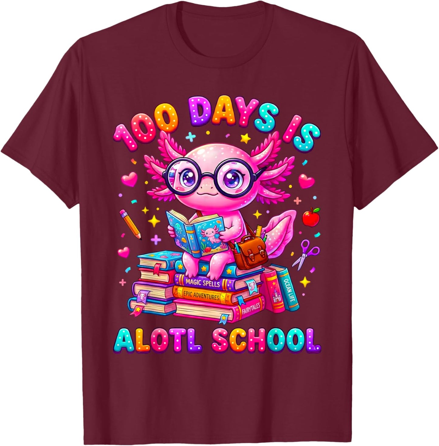 100 Days is Alotl School Axolotl Girls 100 Days of School T-Shirt - T-Shirt | Maroon