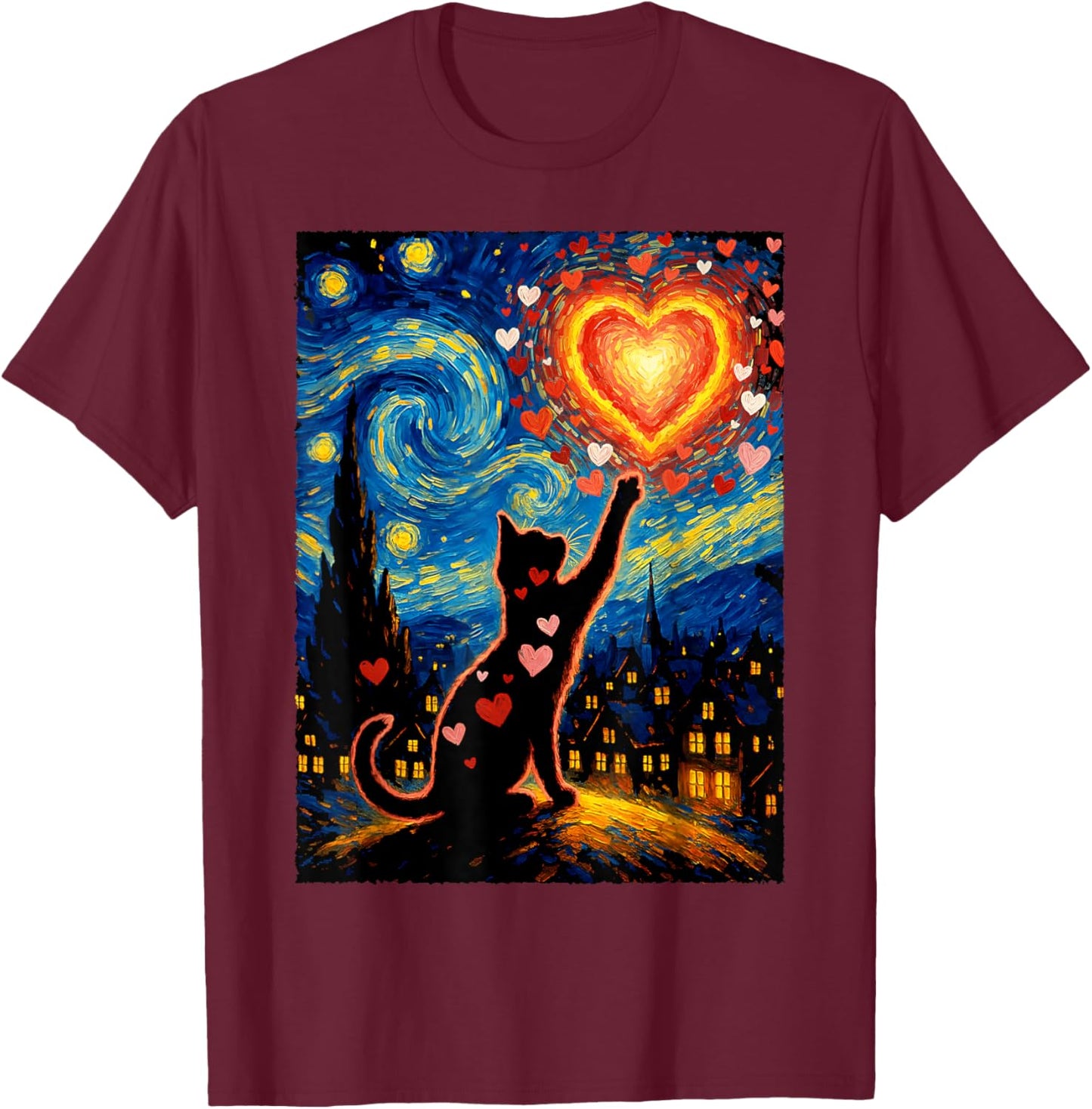 Romantic Cat Van Gogh Starry Night Valentine Art Lovers T-Shirt - T-Shirt | Maroon