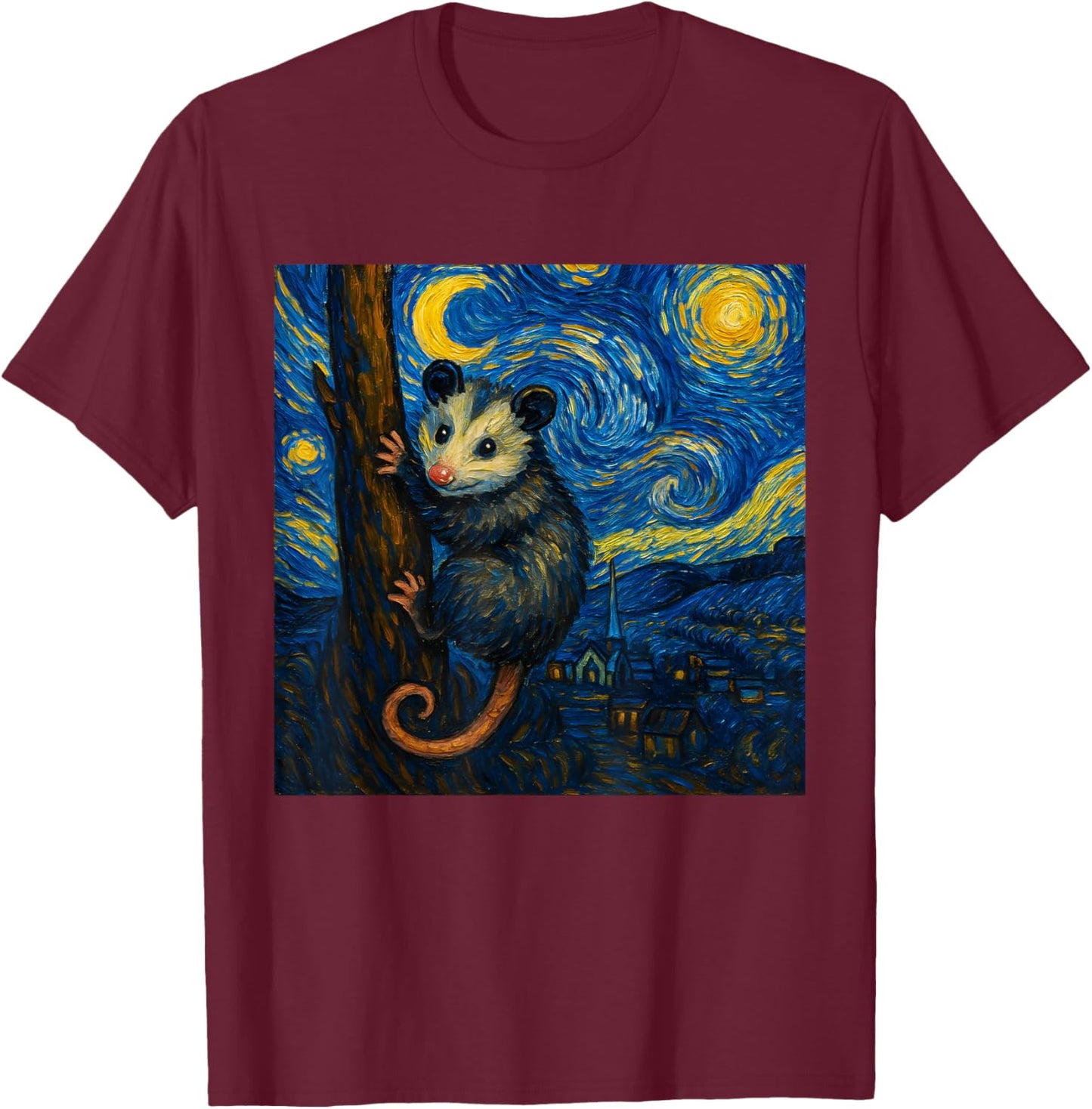 Opossum Van Gogh Starry Night T-Shirt - T-Shirt | Maroon