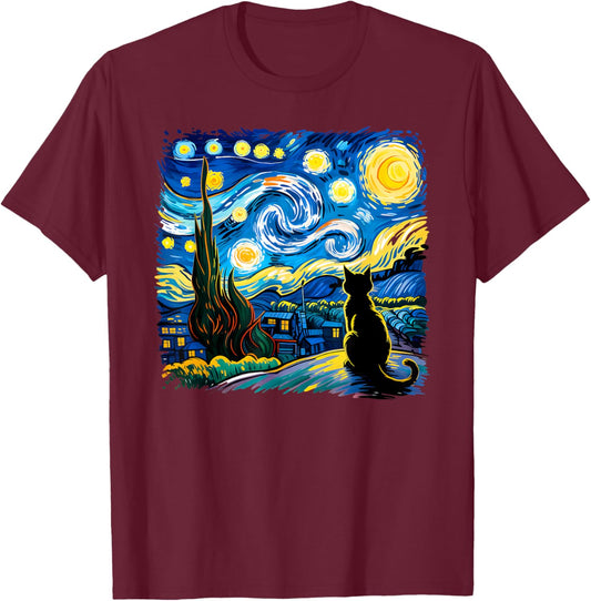 Cat Starry Night Van Gogh Cat Mom Cat Dad Family Matching T-Shirt - T-Shirt | Maroon