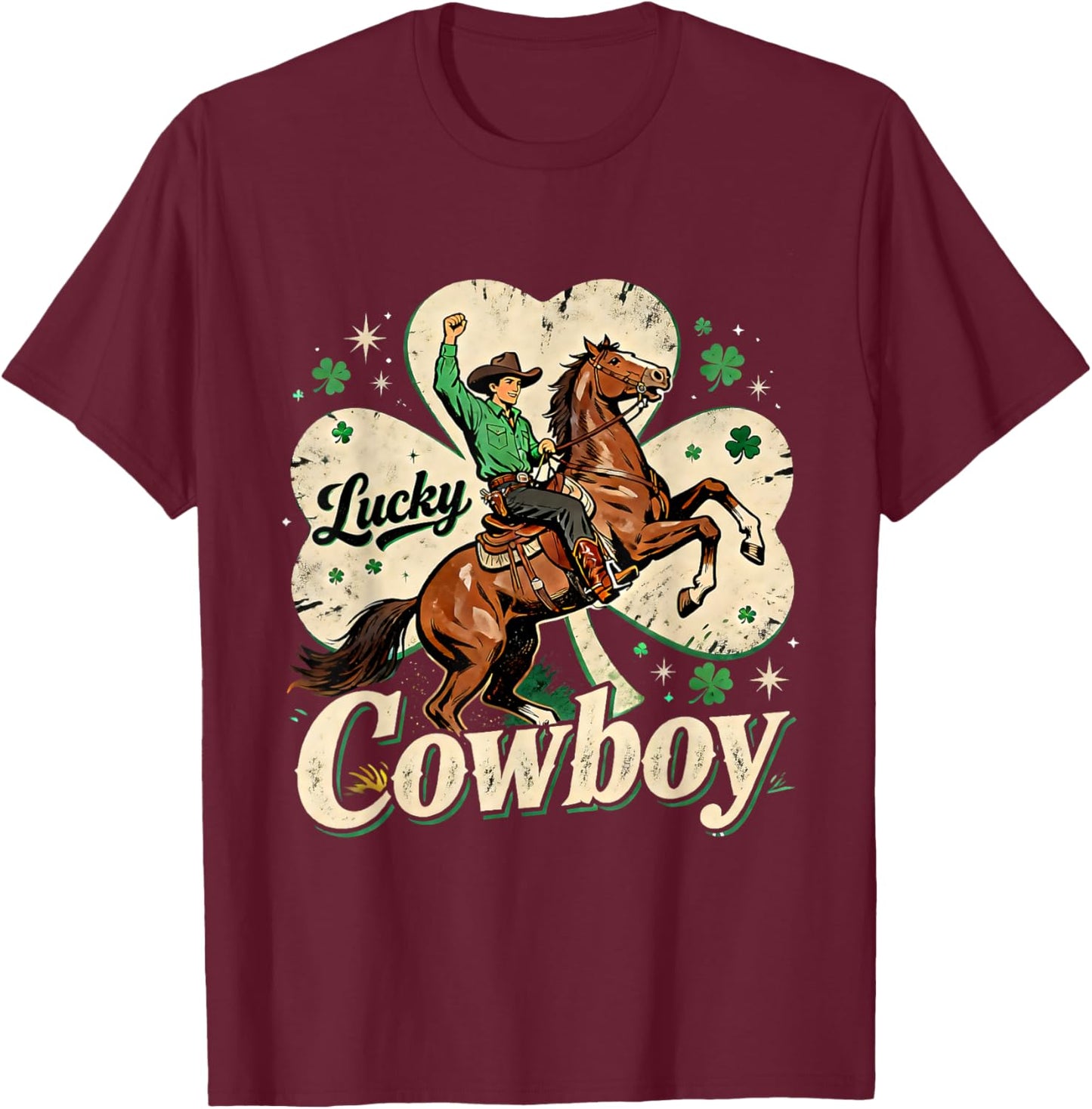 Lucky Cowboy St Patricks Day Western Irish Pride Design T-Shirt - T-Shirt | Maroon