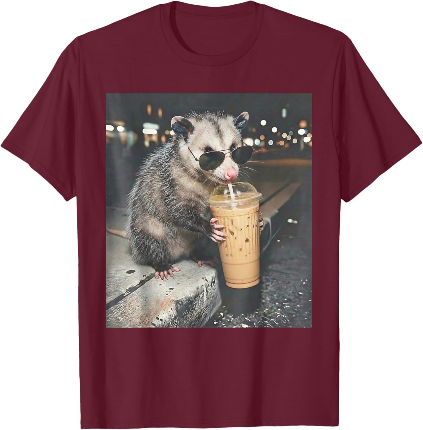 Opossum Drinking Iced Coffee Funny Animal Meme Possum Humor T-Shirt - T-Shirt | Maroon