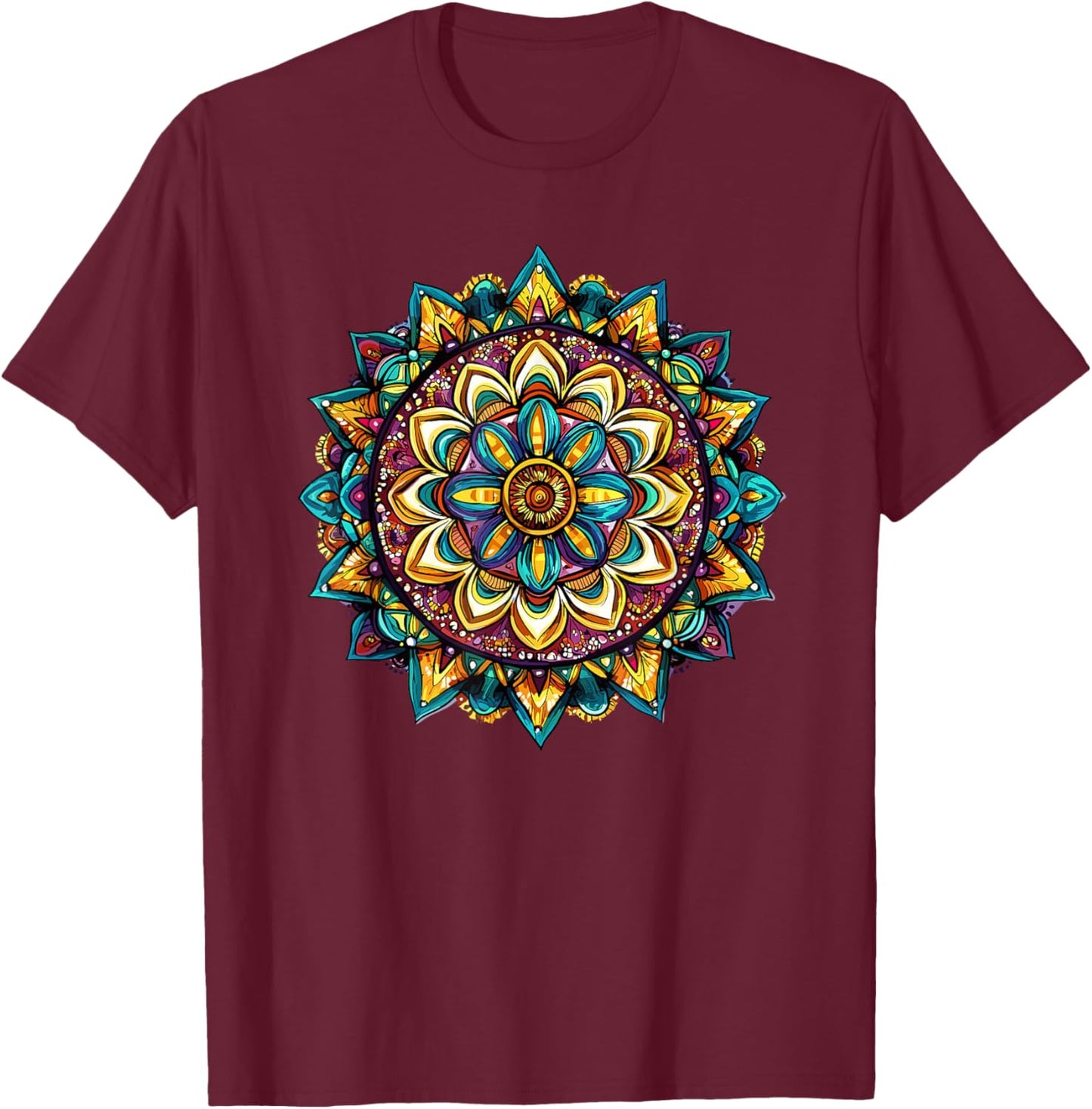 Colorful Mandala Vibrant Symmetry Pattern T-Shirt - T-Shirt | Maroon