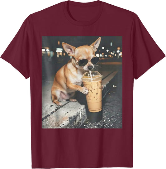 Chihuahua Drinking Iced Coffee Funny Animal Meme Dog Lover T-Shirt - T-Shirt | Maroon