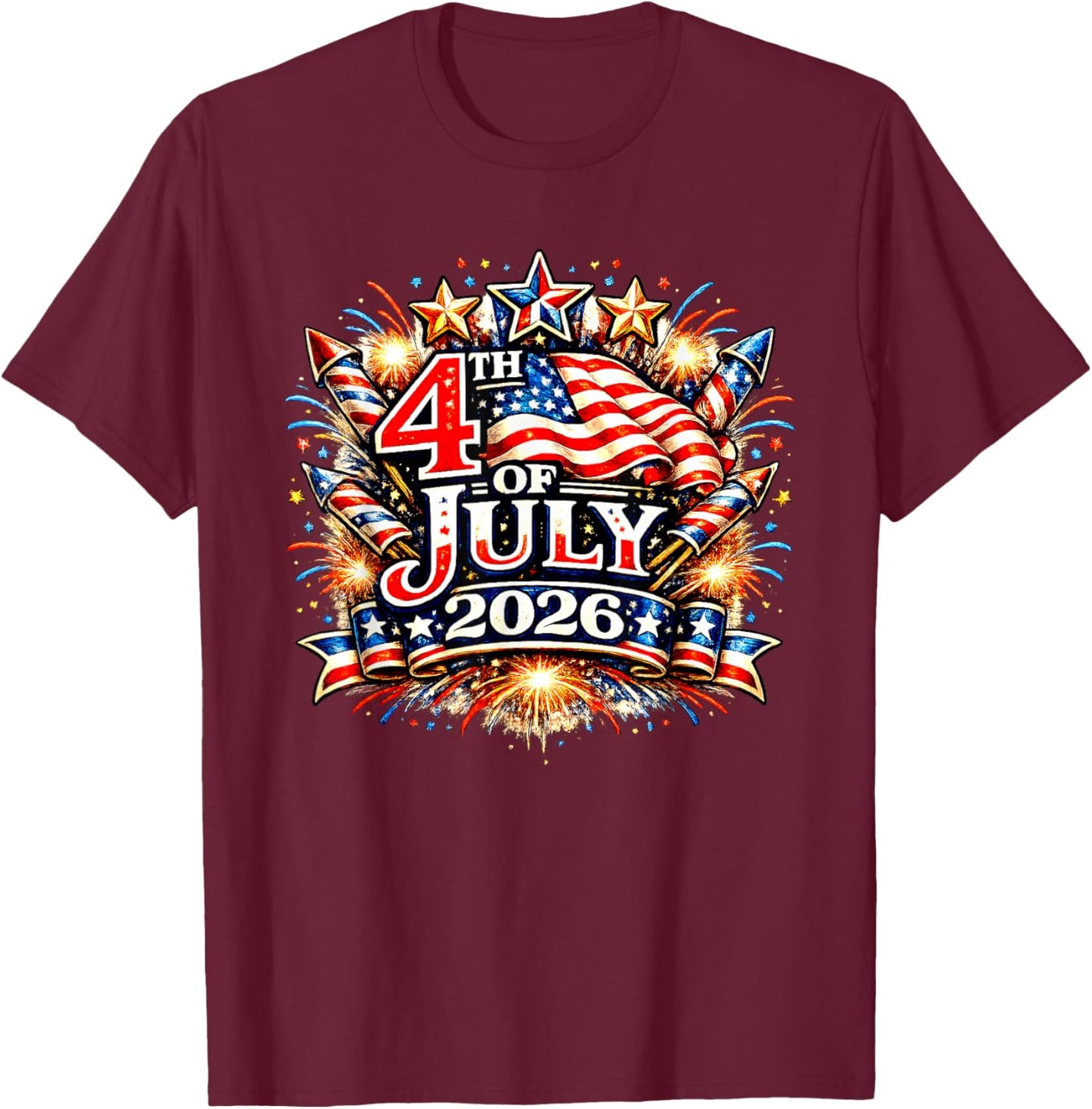 4th of July 2026 United States Birthday American Flag T-Shirt - T-Shirt | Maroon