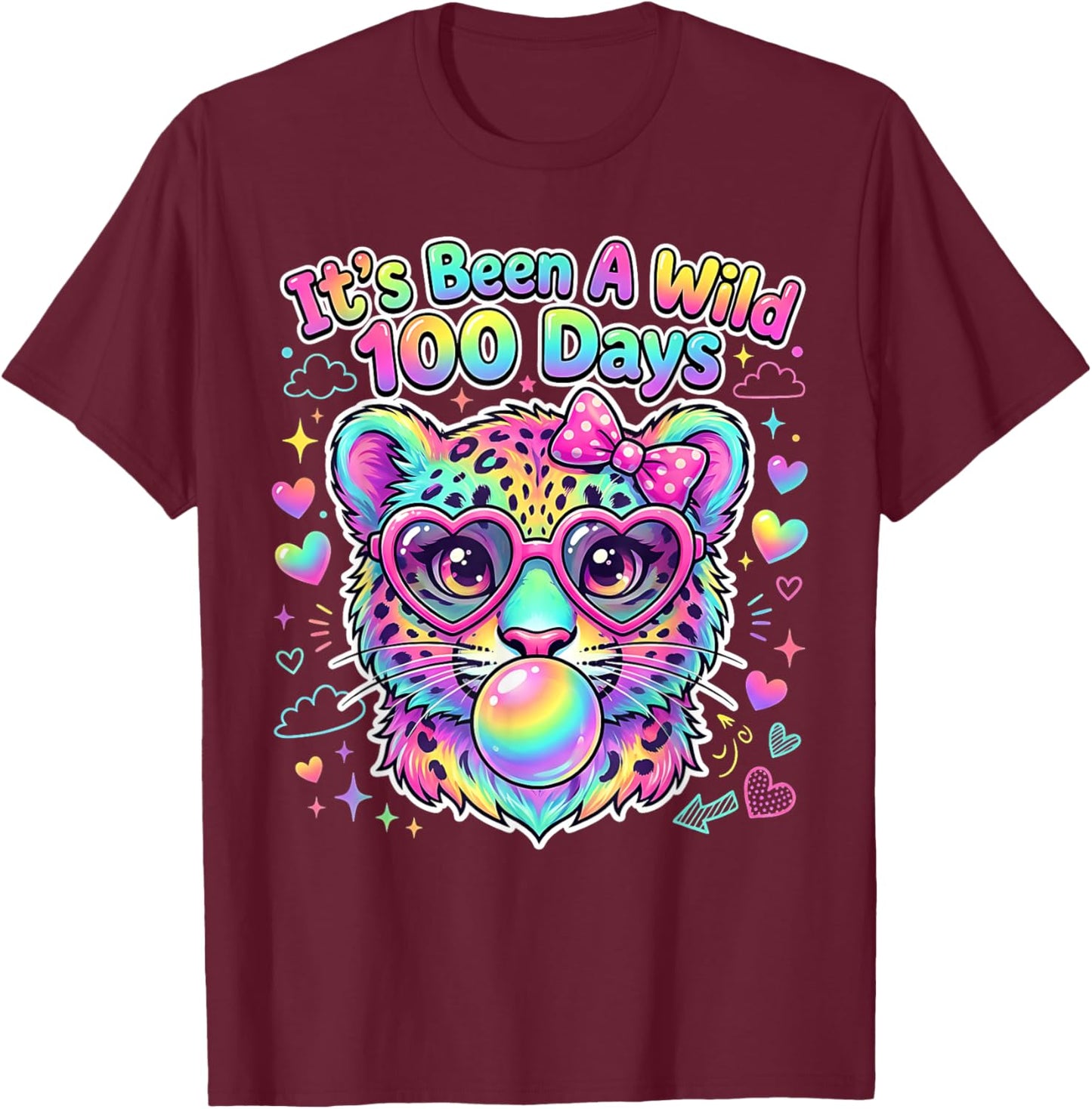 100th Day of School Leopard Bubble Gum Glasses Students Kids T-Shirt - T-Shirt | Maroon
