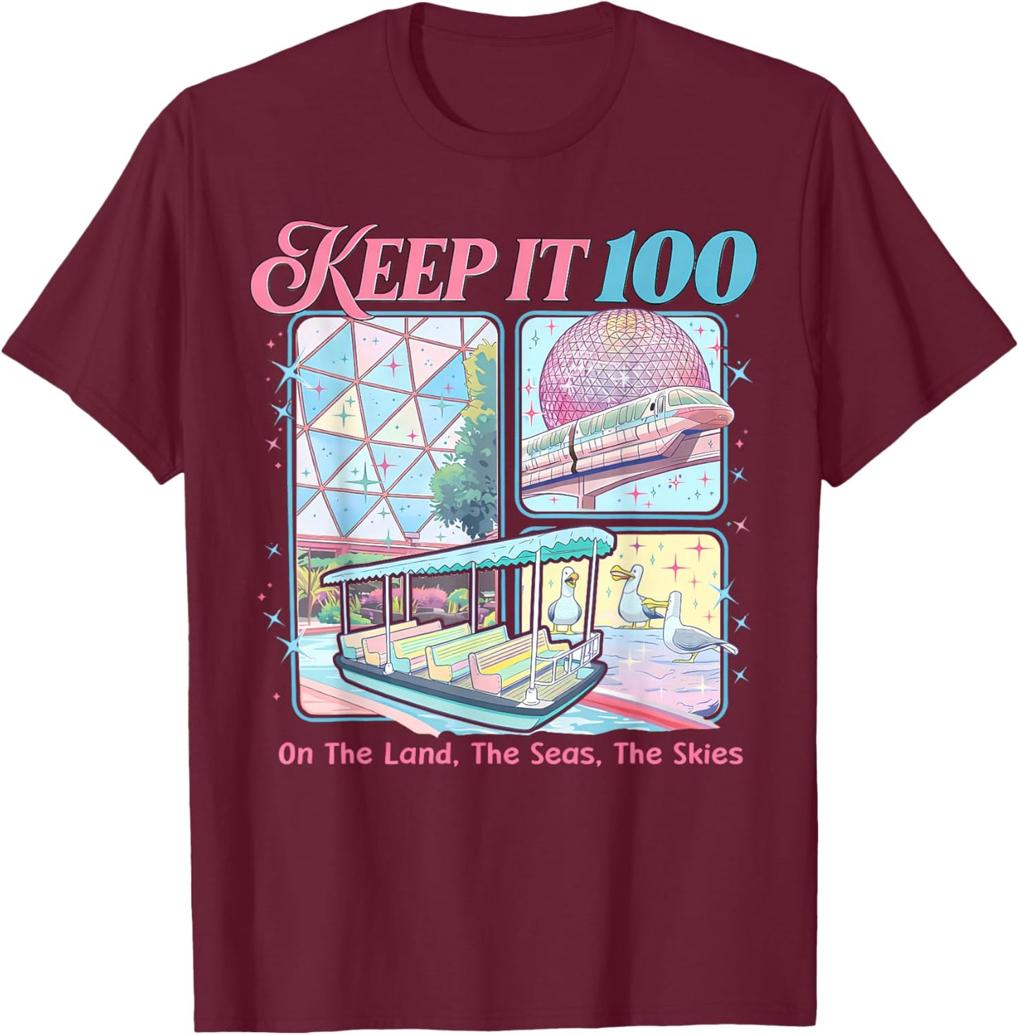 Vintage Keep It 100 On The Land The Seas Funny The Skies T-Shirt - T-Shirt | Maroon