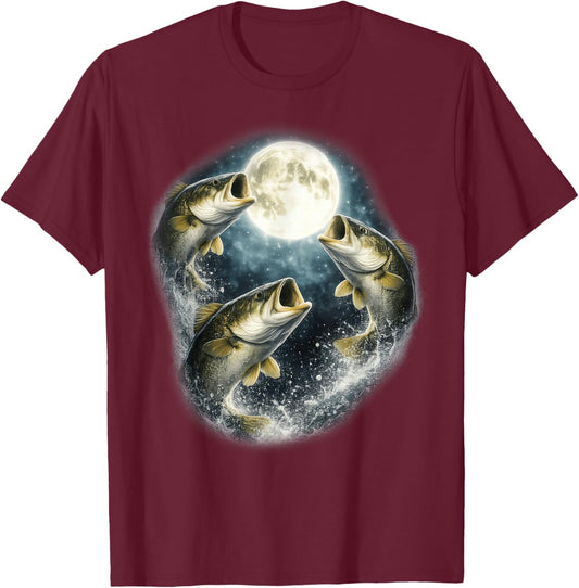 Bass Fish Howling to The Moon Vintage Angler Fisherman T-Shirt - T-Shirt | Maroon