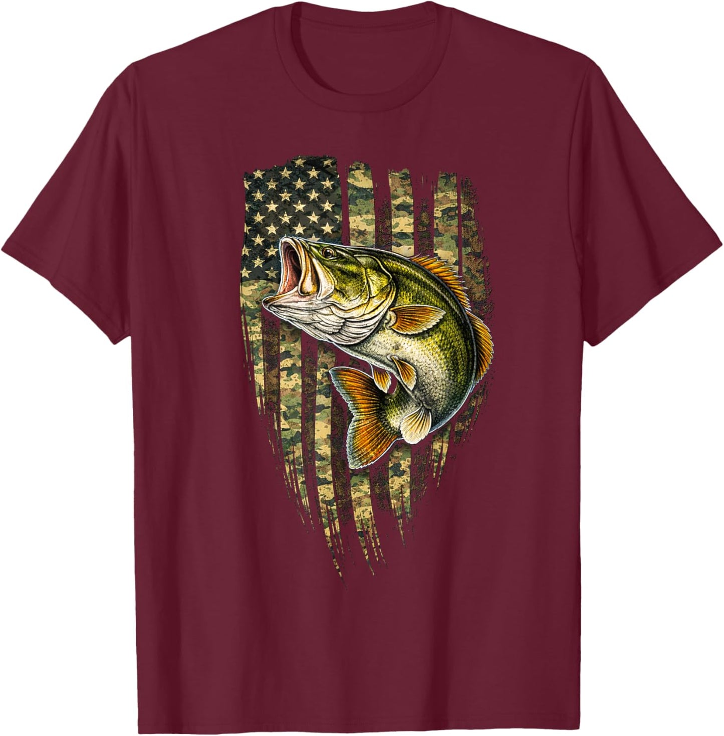 Vintage Fishermen Camo American Flag Bass Fish Fishing T-Shirt - T-Shirt | Maroon