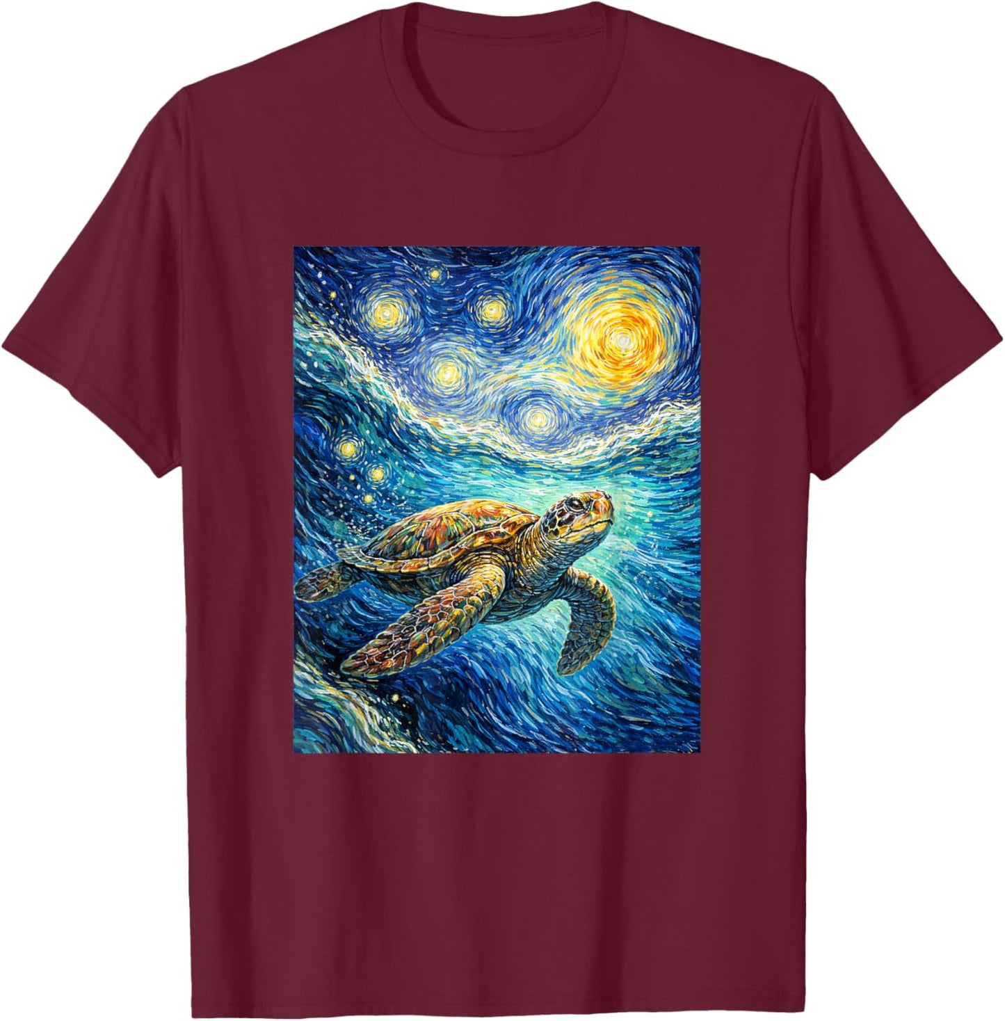 Turtle Lover Men Women Kids Tortoise Van Gogh T-Shirt - T-Shirt | Maroon