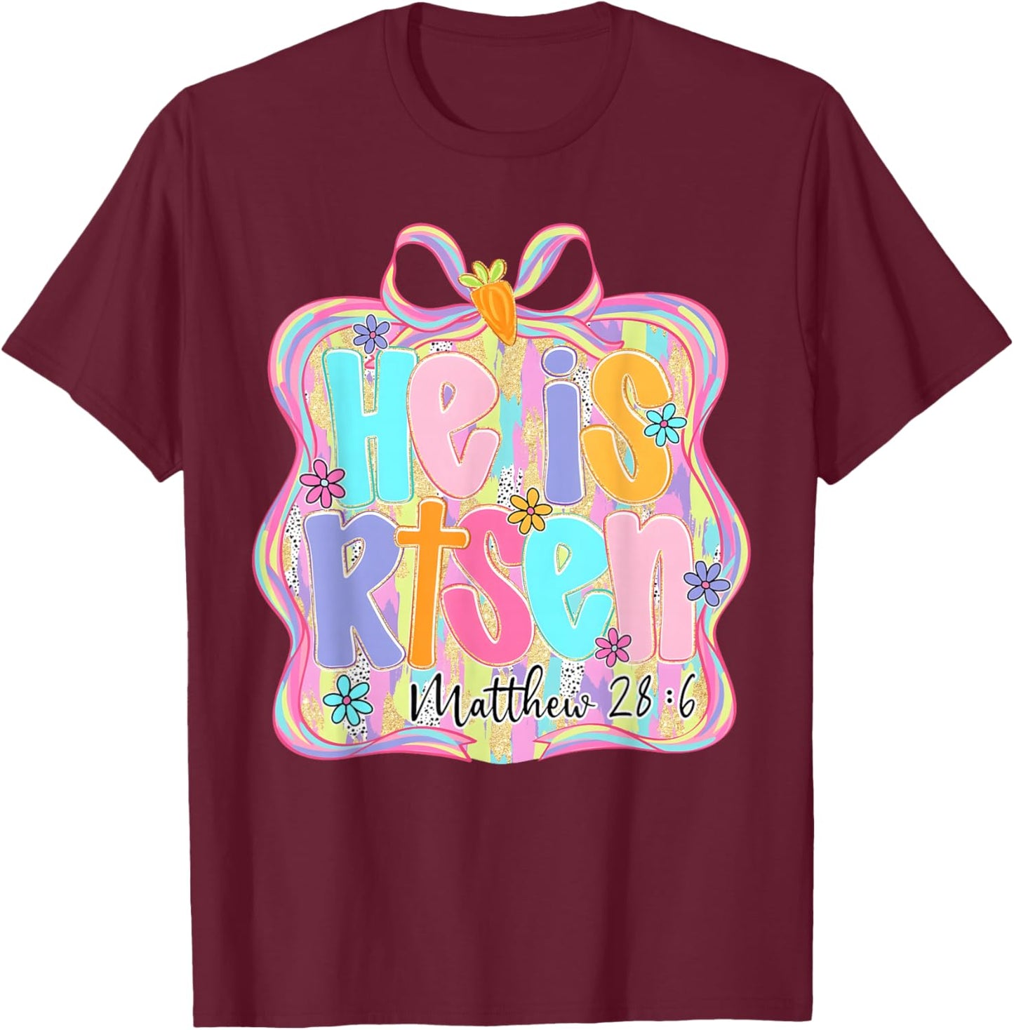 Easter Preppy He is Risen Cross Bow Christian Women Girls T-Shirt - T-Shirt | Maroon