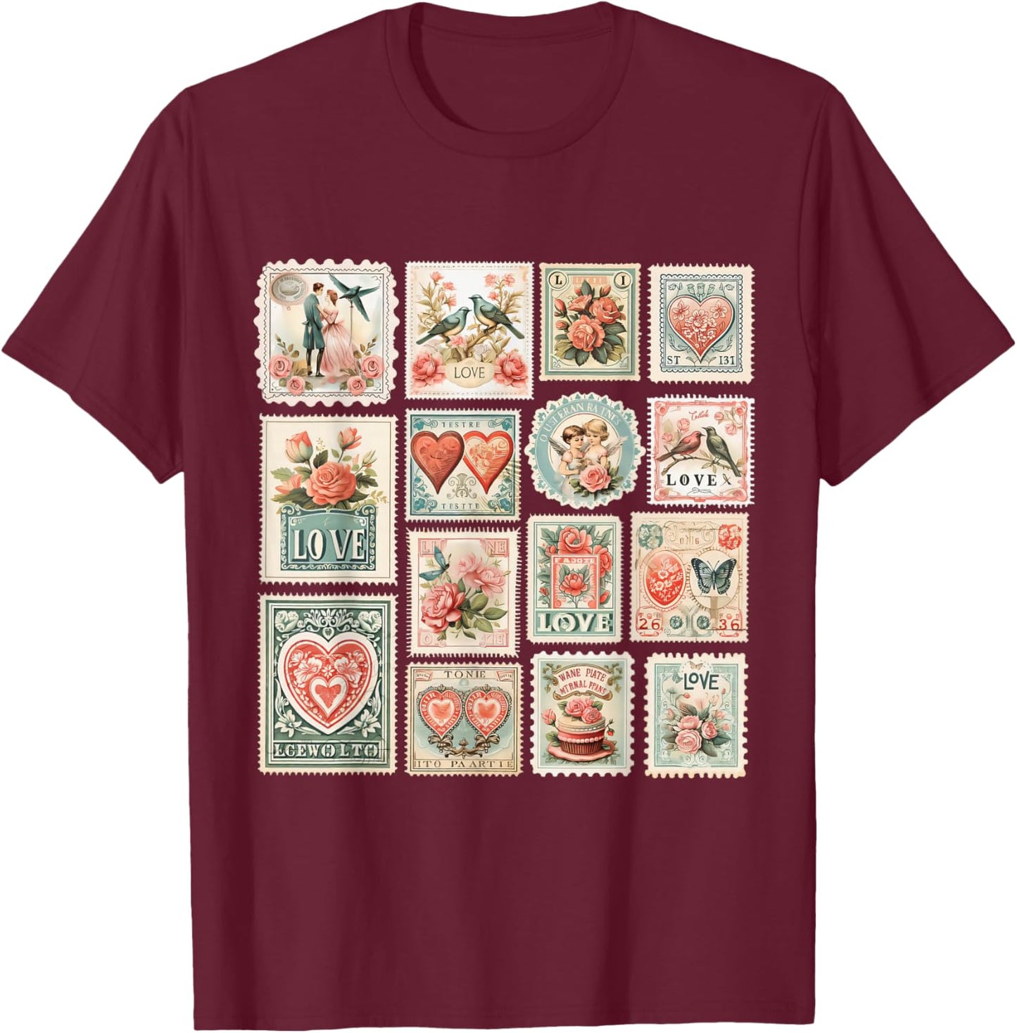 Retro Valentine's Day Stamps Valentine T-Shirt - T-Shirt | Maroon