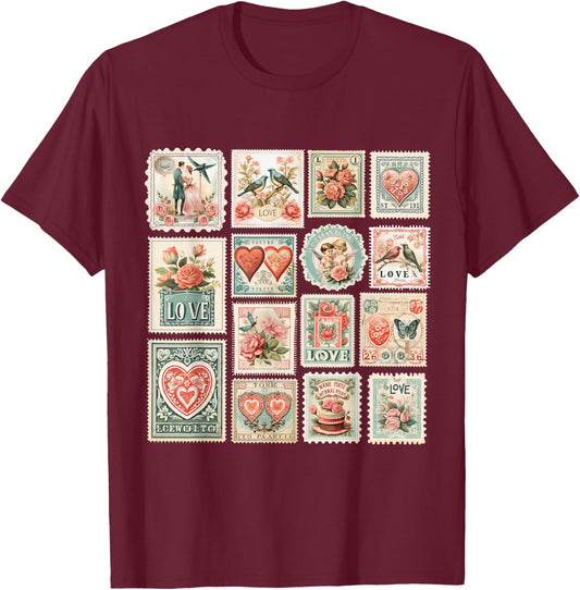 Retro Valentine's Day Stamps Valentine T-Shirt - T-Shirt | Maroon