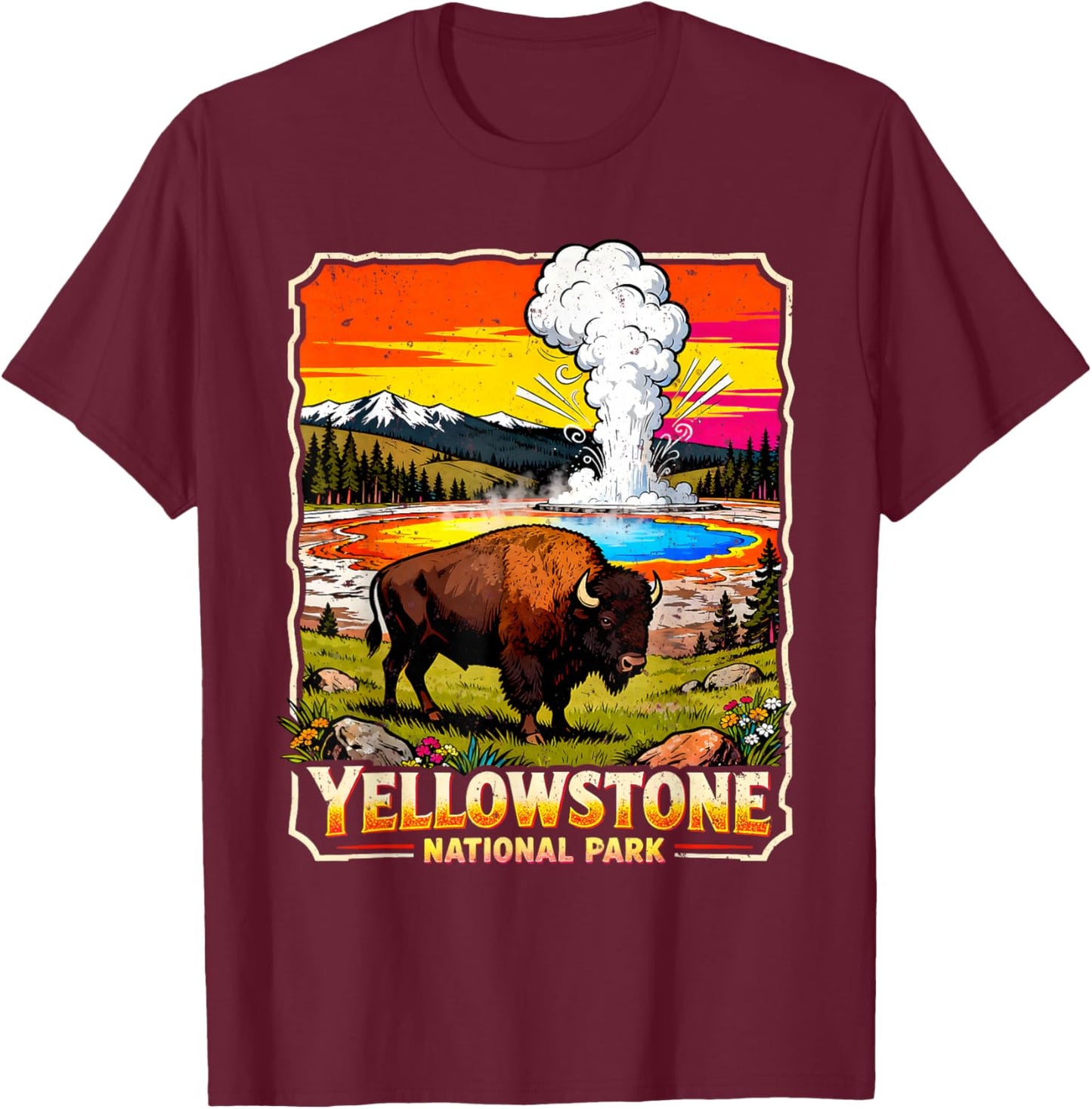 Yellowstone National Park 2026 Retro Travel Art T-Shirt - T-Shirt | Maroon