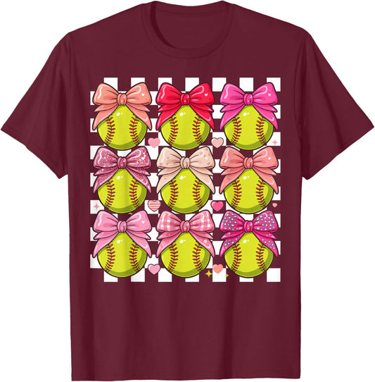 Girls Softball Pink Coquette Bow Softball Vibes Toddler T-Shirt - T-Shirt | Maroon