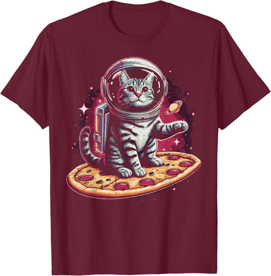 Astronaut Cat On Pizza Funny Kitten Food Pun Men Women Kids T-Shirt - T-Shirt | Maroon