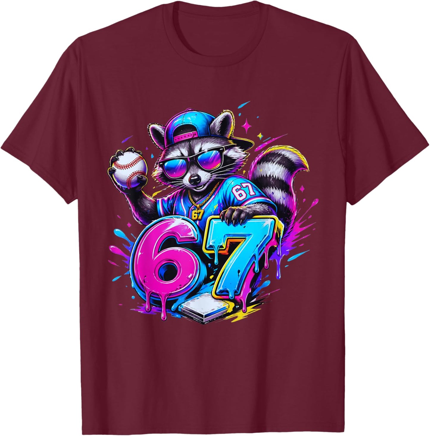67 Funny Dabbing Raccoon Baseball Dripping Ice Cream Meme T-Shirt - T-Shirt | Maroon