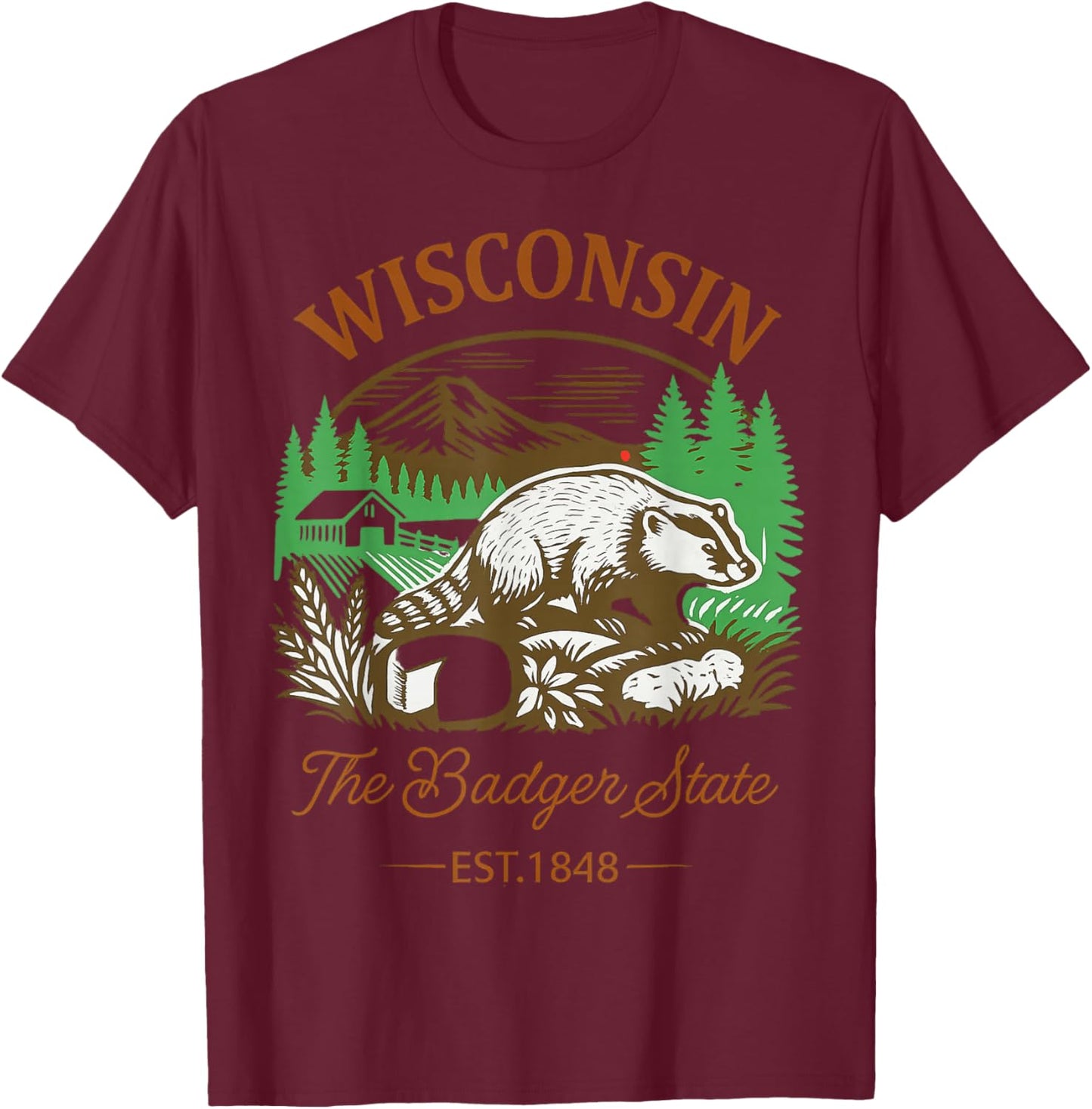Wisconsin The Badger State Vintage Inspired T-Shirt - T-Shirt | Maroon