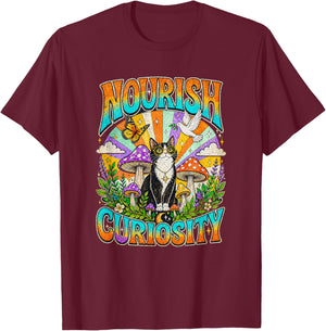 Nourish Curiosity Psychedelic Tuxedo Cat - Trippy Mushroom T-Shirt - T-Shirt | Maroon