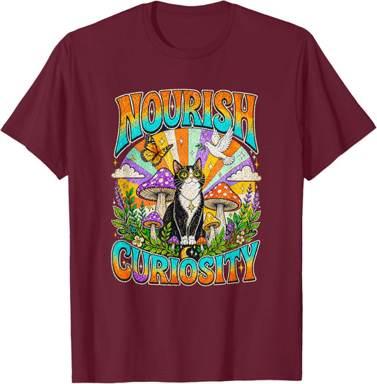 Nourish Curiosity Psychedelic Tuxedo Cat - Trippy Mushroom T-Shirt - T-Shirt | Maroon