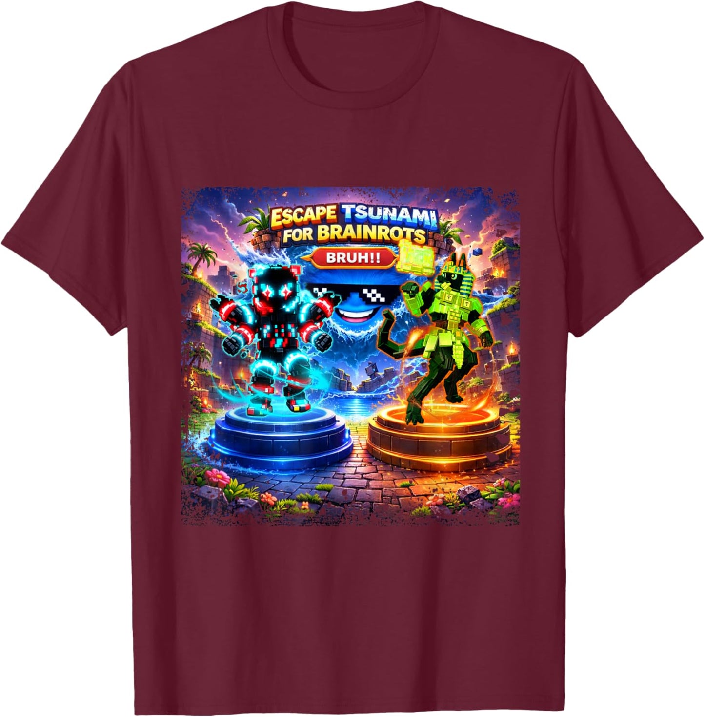 Escape Tsunami Technetta and Anububu Brainrot for Boys Kids T-Shirt - T-Shirt | Maroon