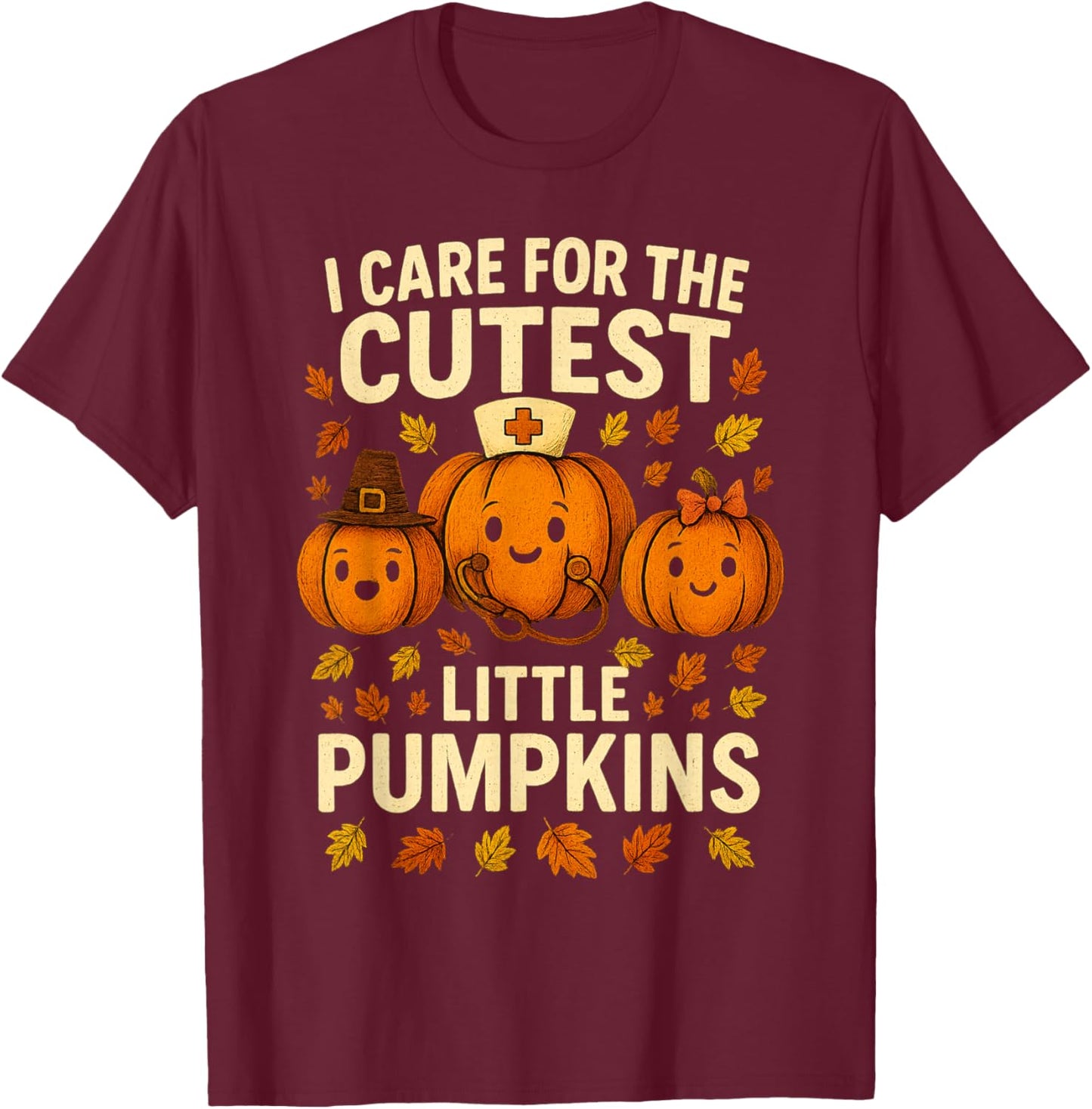 Pumpkins Nurse Halloween Scrub Top Fall Thanksgiving T-Shirt - T-Shirt | Maroon