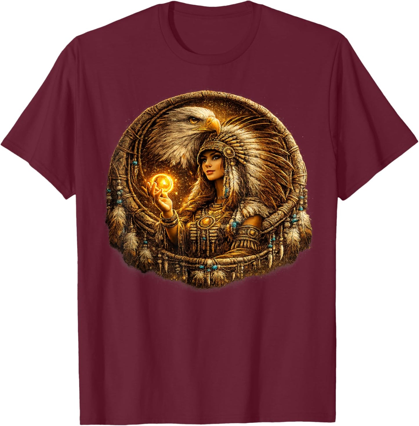 Indian Native American Woman with White Eagle Vitage Gifts T-Shirt - T-Shirt | Maroon