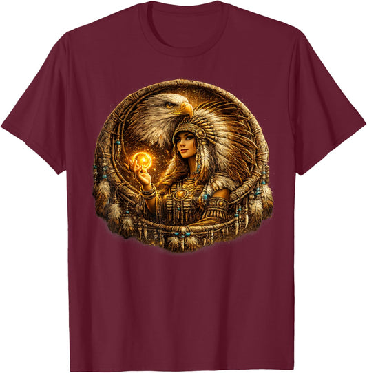 Indian Native American Woman with White Eagle Vitage Gifts T-Shirt - T-Shirt | Maroon
