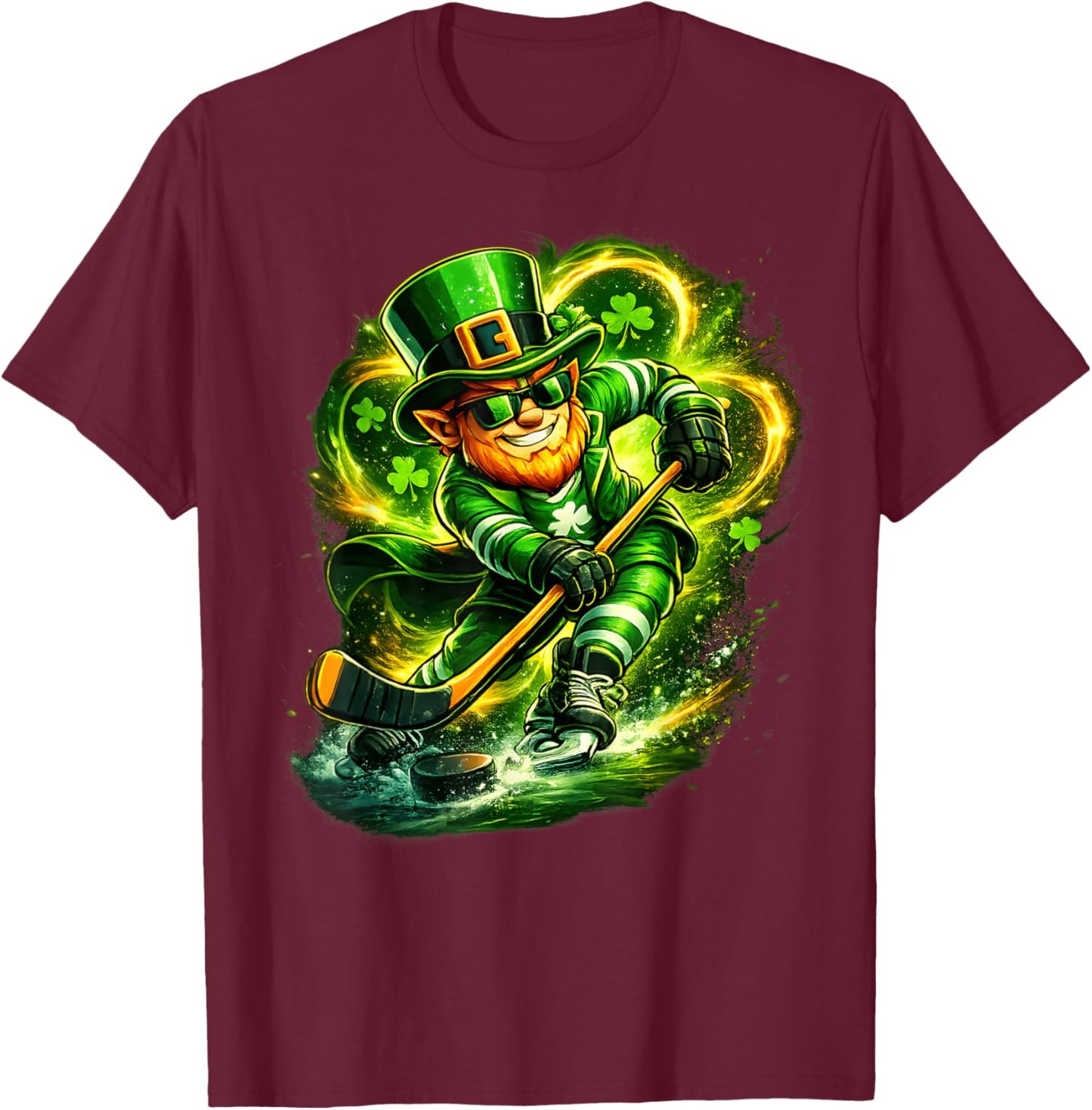 St Patricks Day Leprechaun Playing Hockey Sport Men Boys T-Shirt - T-Shirt | Maroon