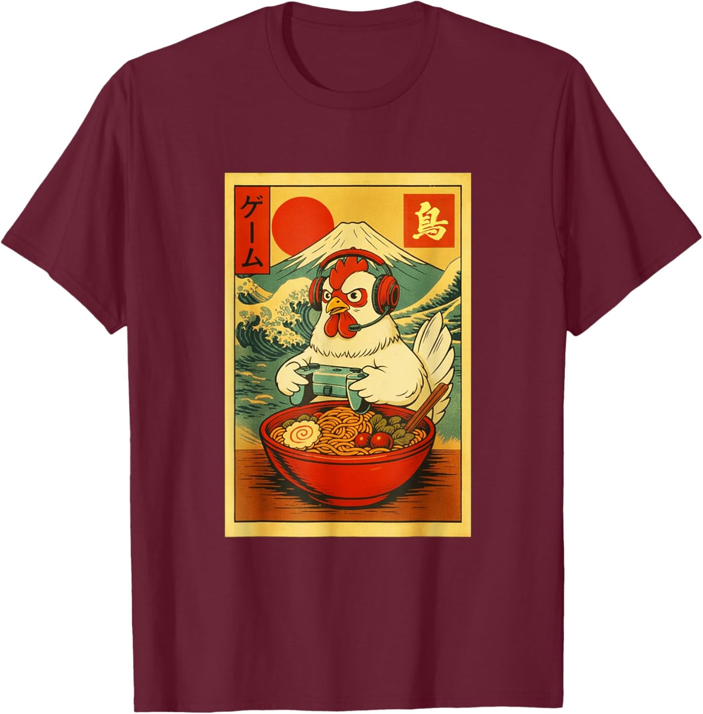 Chicken Gaming Ramen Japanese Ukiyo-e Great Wave Retro Art T-Shirt - T-Shirt | Maroon