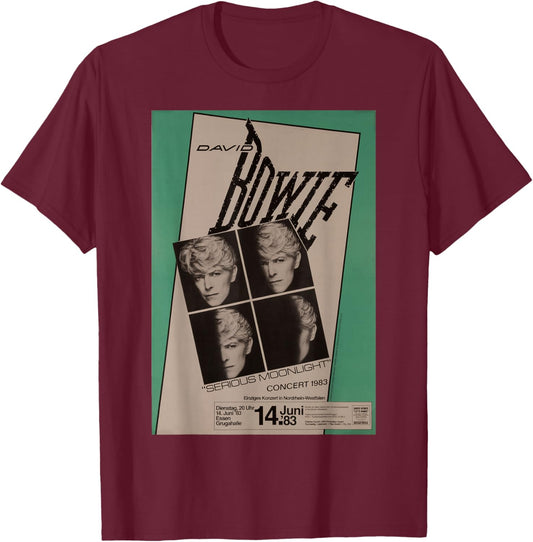 Official David Bowie Serious Moonlight Tour Essen Germany T-Shirt - T-Shirt | Maroon