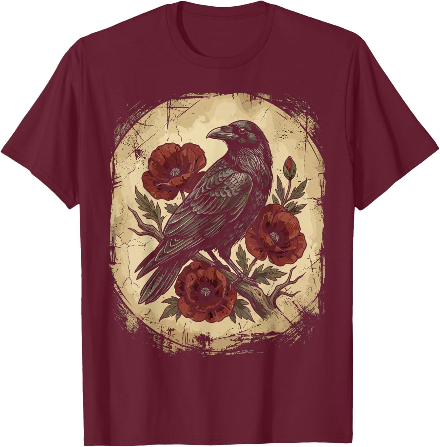 Raven Floral Vintage Gothic Art Crow T-Shirt - T-Shirt | Maroon