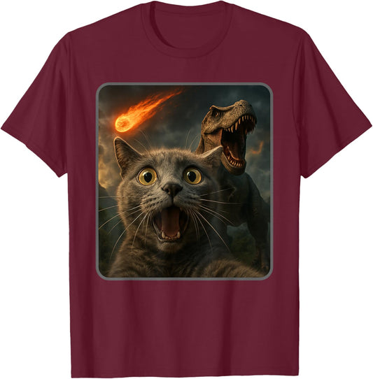 Cat Selfie with a T-Rex Funny Dinosaur Meme T-Shirt - T-Shirt | Maroon