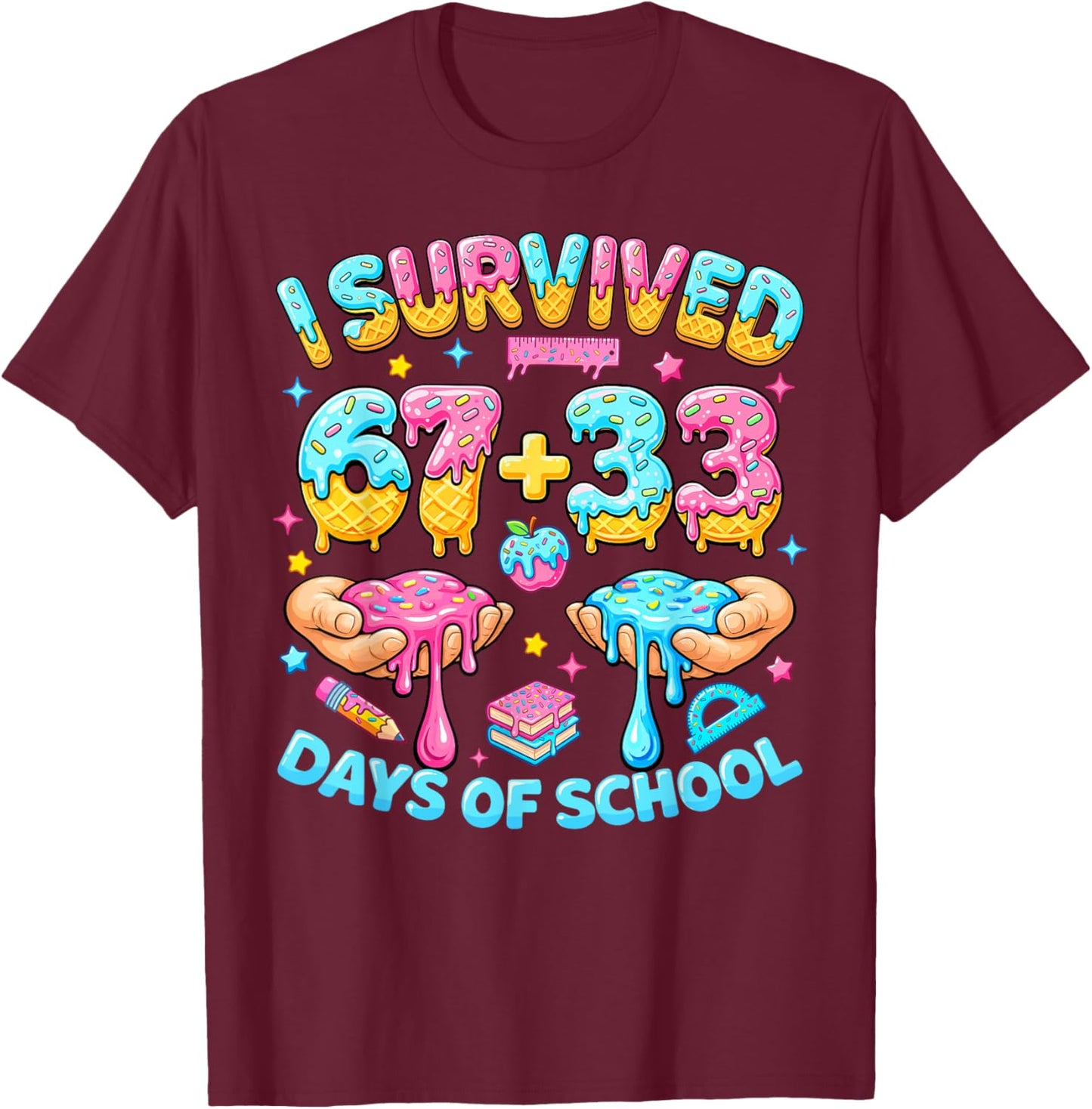 I Survived 67+33 Days of School 100 Days Teachers Kids Boys T-Shirt - T-Shirt | Maroon