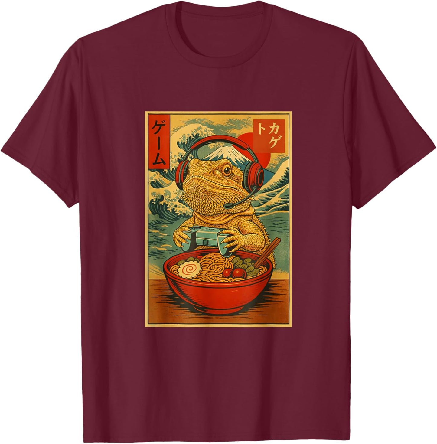 Bearded Dragon Gaming Ramen Ukiyo-e Great Wave Retro Art T-Shirt - T-Shirt | Maroon