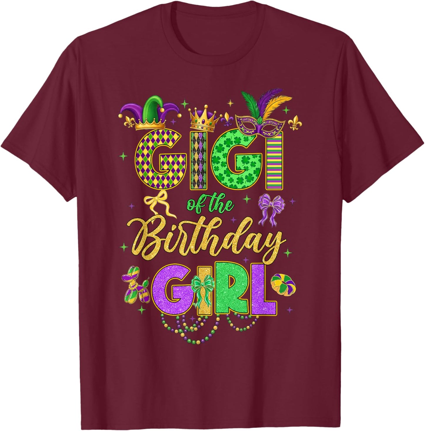 Gigi of The Birthday Girl Coquette Bow Mardi Gras Party T-Shirt - T-Shirt | Maroon