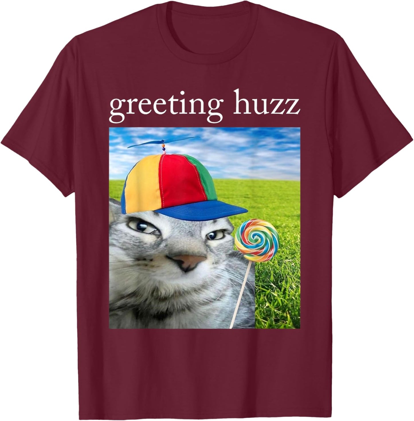 Greetings Huzz Funny Silly Cat with Lollipop Gen Z Meme T-Shirt - T-Shirt | Maroon