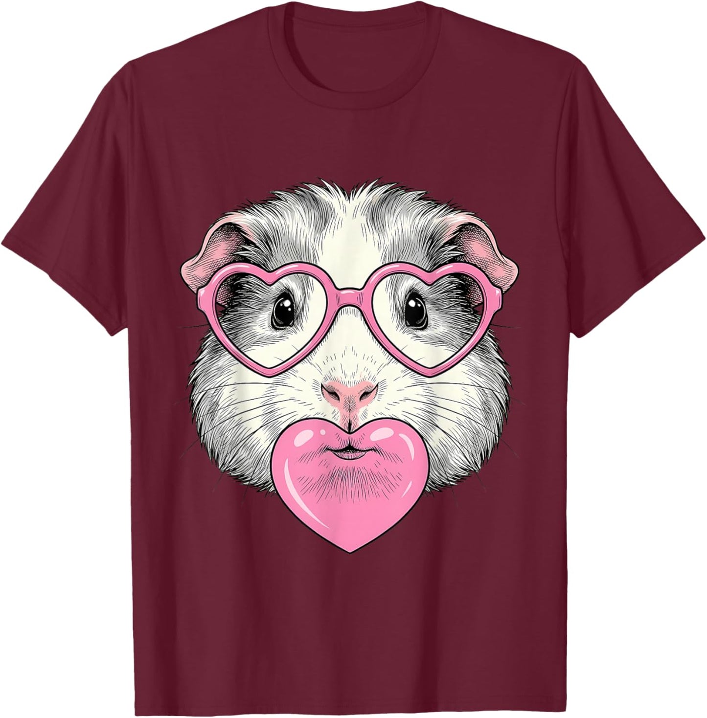Cute Guinea Pig Blowing Pink Valentine Heart Bubble Gum T-Shirt - T-Shirt | Maroon