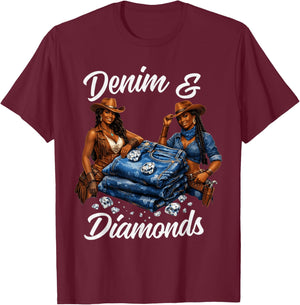 Denim and Diamonds Cowgirl Western Country Glam Women Men T-Shirt - T-Shirt | Maroon