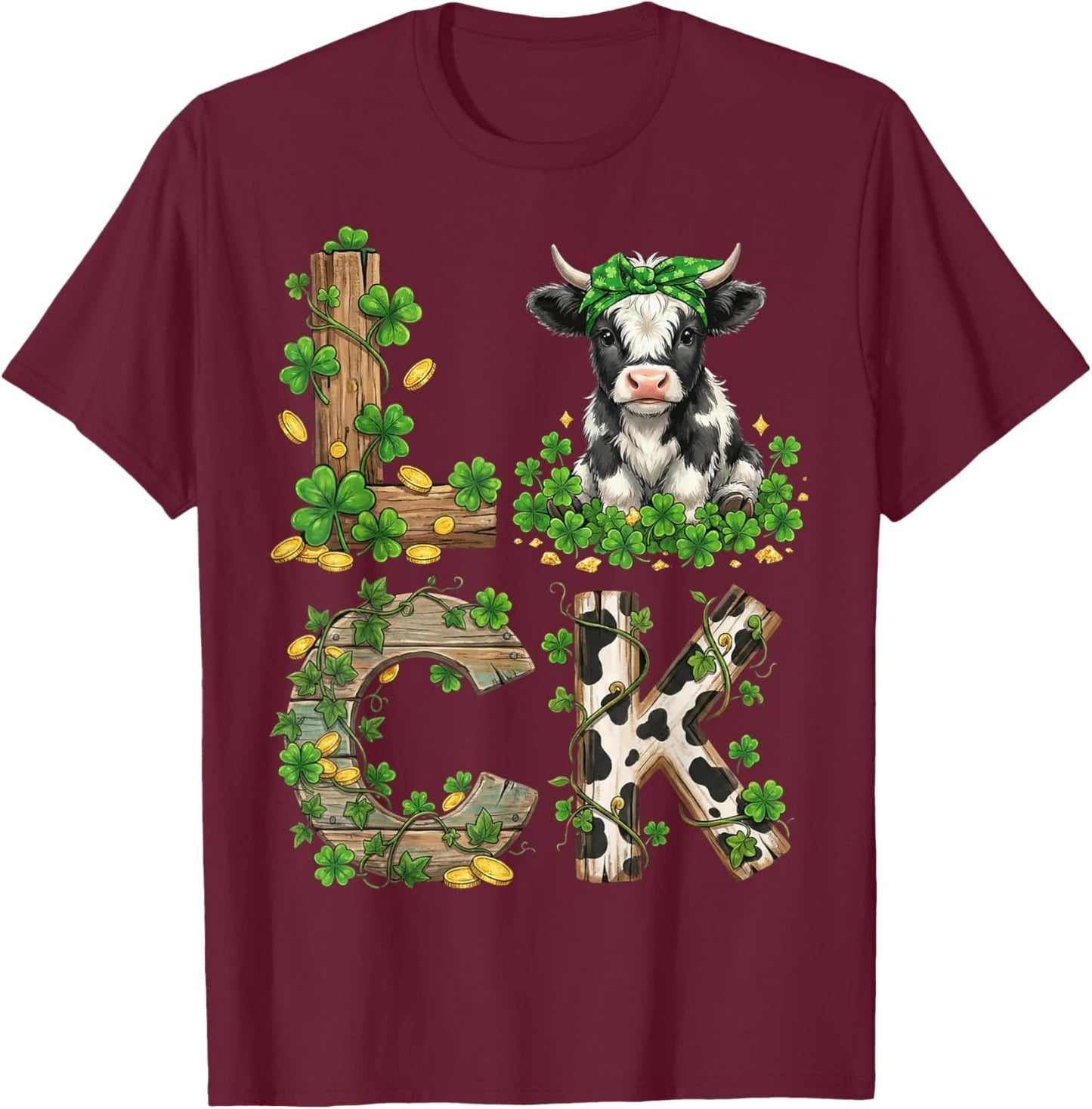 Shamrock Lucky Cow St. Patrick’s Day Farm Saint Paddy T-Shirt - T-Shirt | Maroon