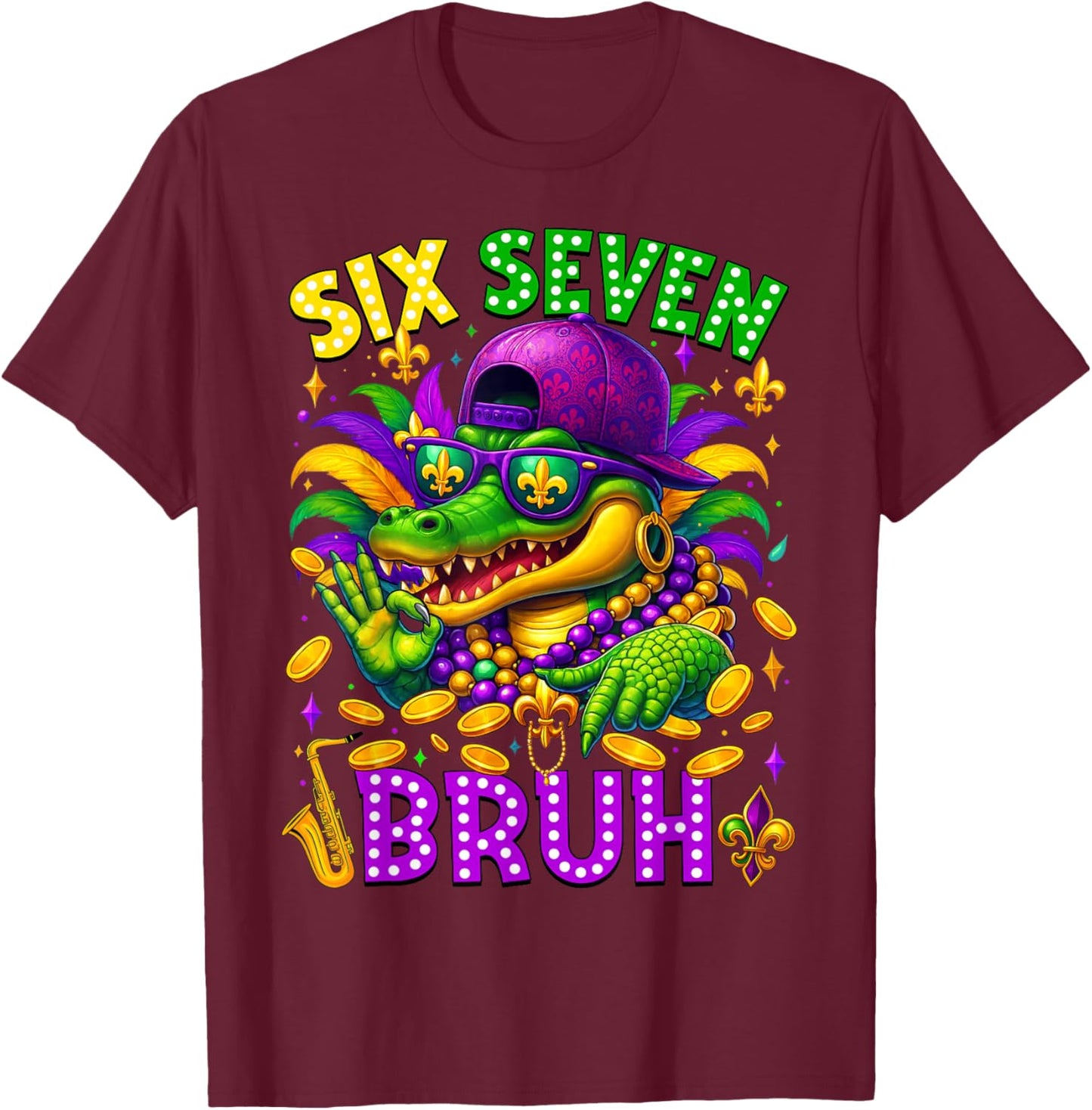 Mardi Gras Six Seven Bruh Mardigator Alligator 6 7 Meme Boy T-Shirt - T-Shirt | Maroon