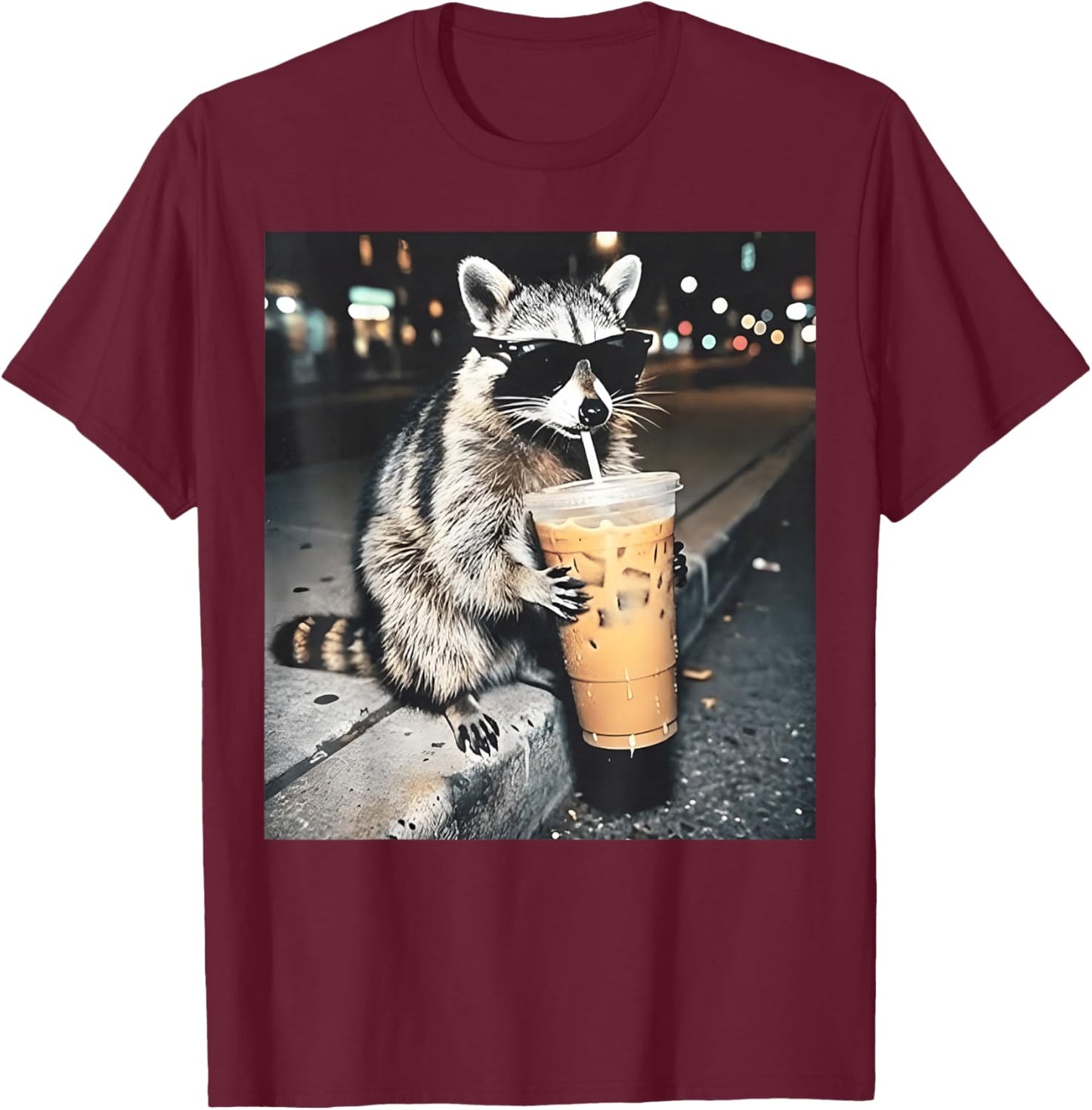 Raccoon Drinking Iced Coffee Funny Animal Meme Men Women T-Shirt - T-Shirt | Maroon