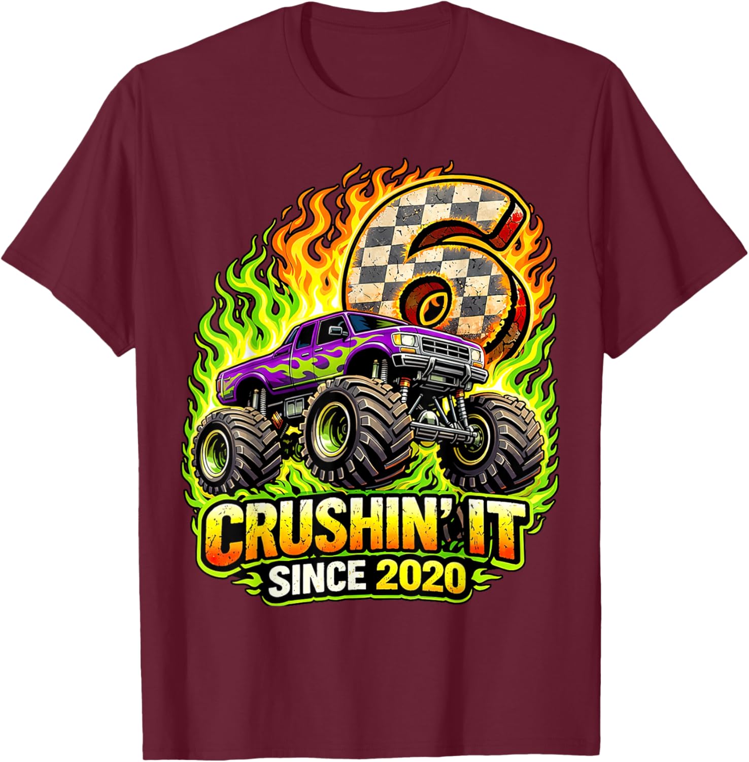 Birthday Monster Truck 6 Year Old Boys 6th Party Born 2020 T-Shirt - T-Shirt | Maroon