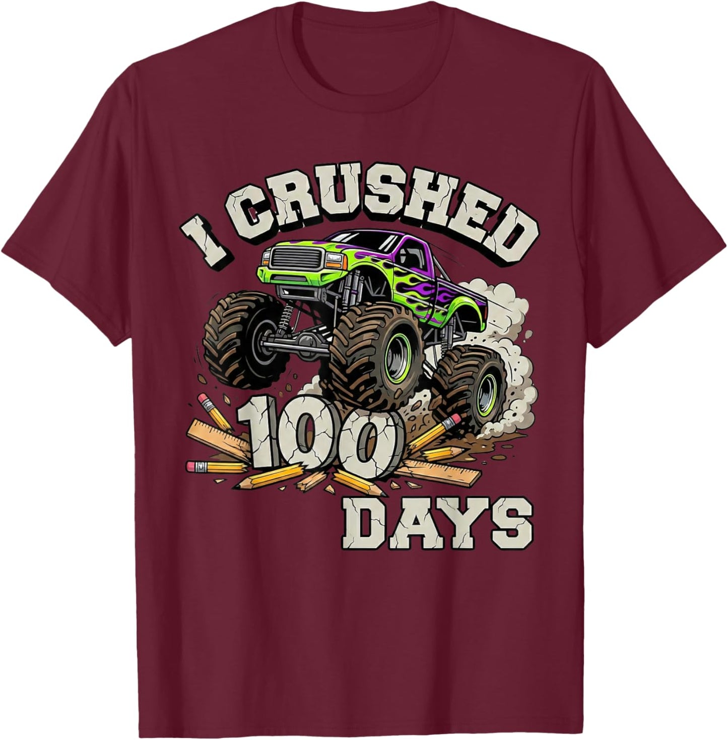 I Crushed 100 Days of School Boys Girls Truck 100th Day T-Shirt - T-Shirt | Maroon