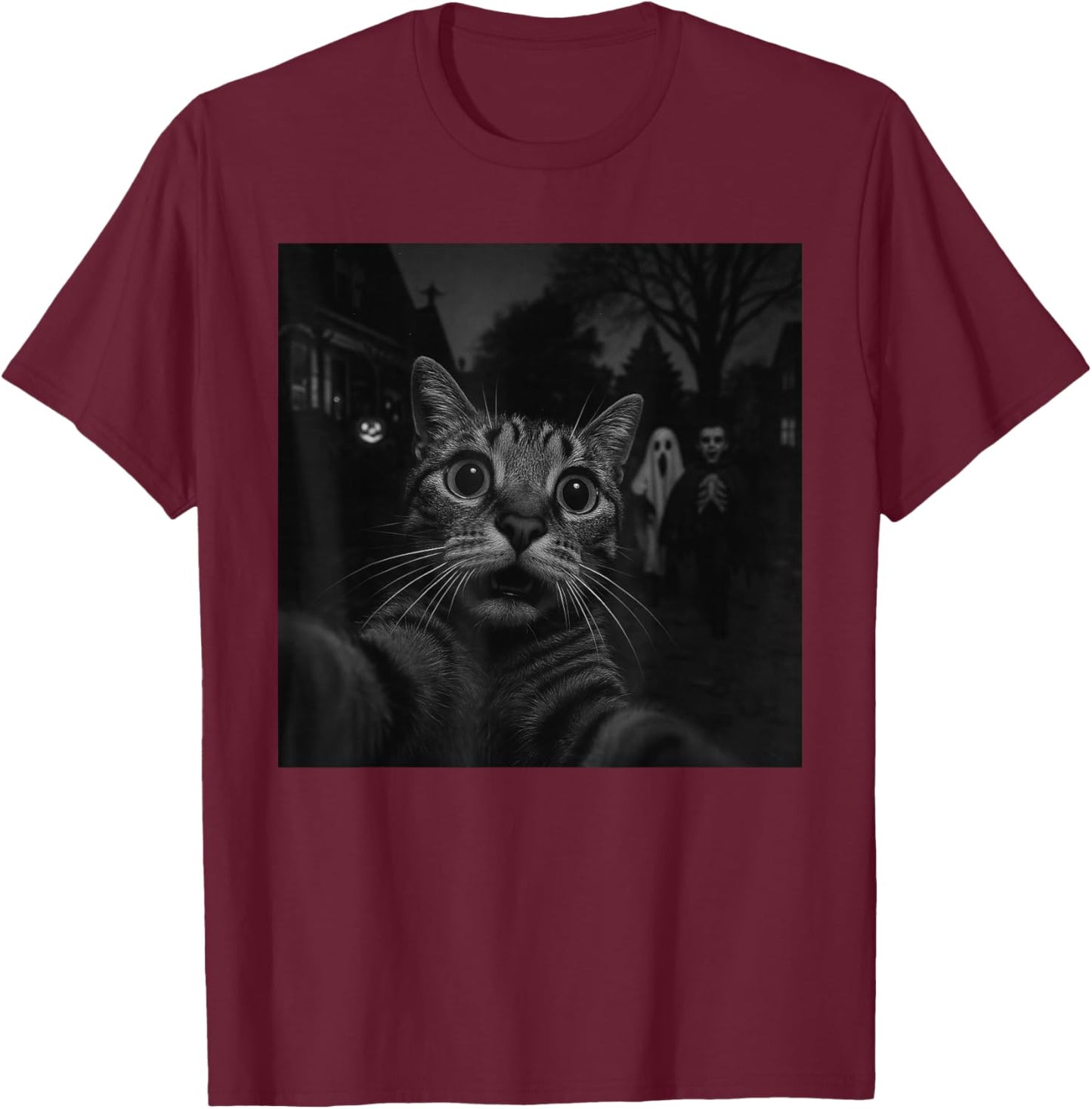 Funny Halloween Cat Selfie Ghost Skeleton Boo Trick or Treat T-Shirt - T-Shirt | Maroon